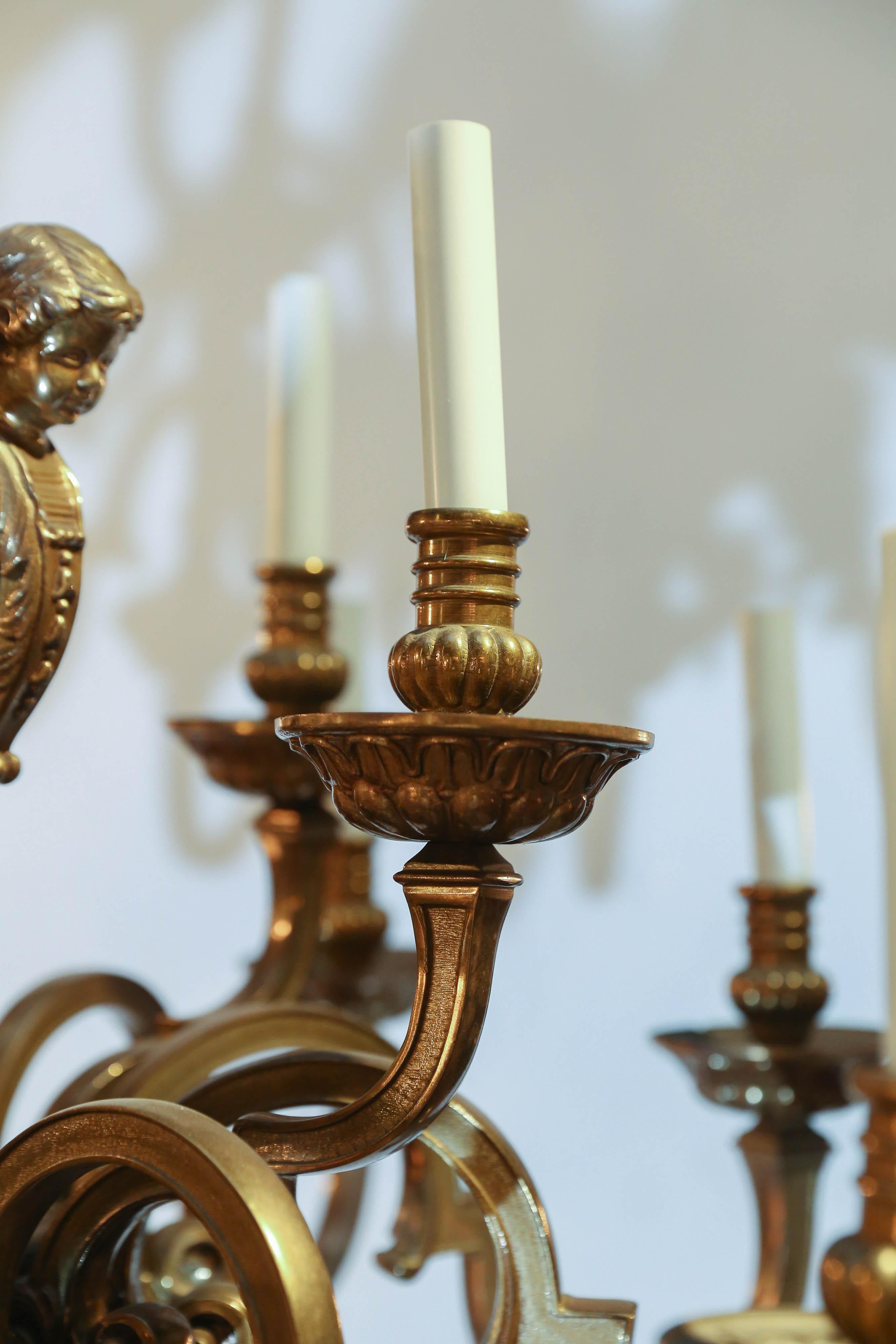 Fifteen-Light Neoclassical Bronze Chandelier with an Antique Gold Finish In Good Condition For Sale In Houston, TX