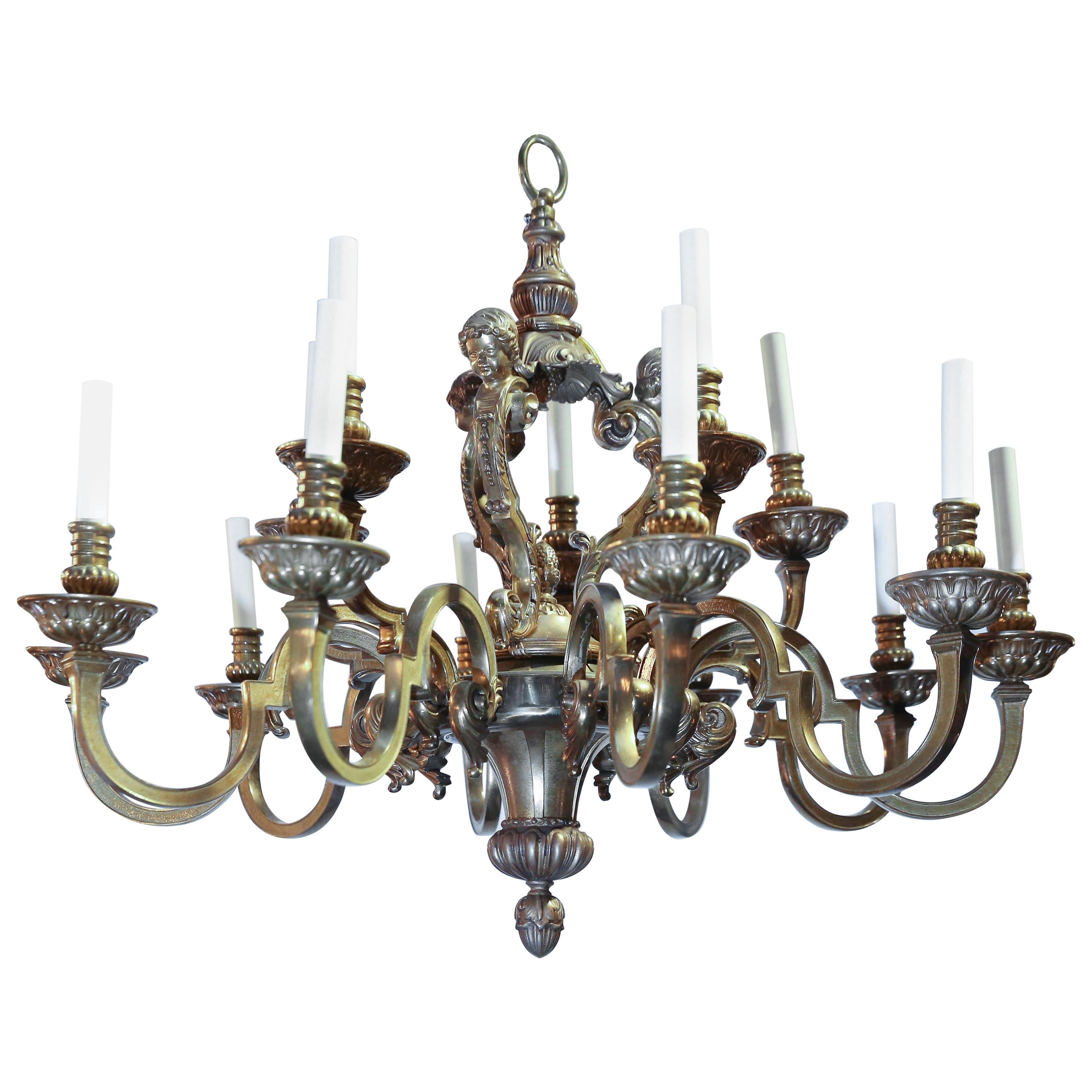 Fifteen-Light Neoclassical Bronze Chandelier with an Antique Gold Finish For Sale