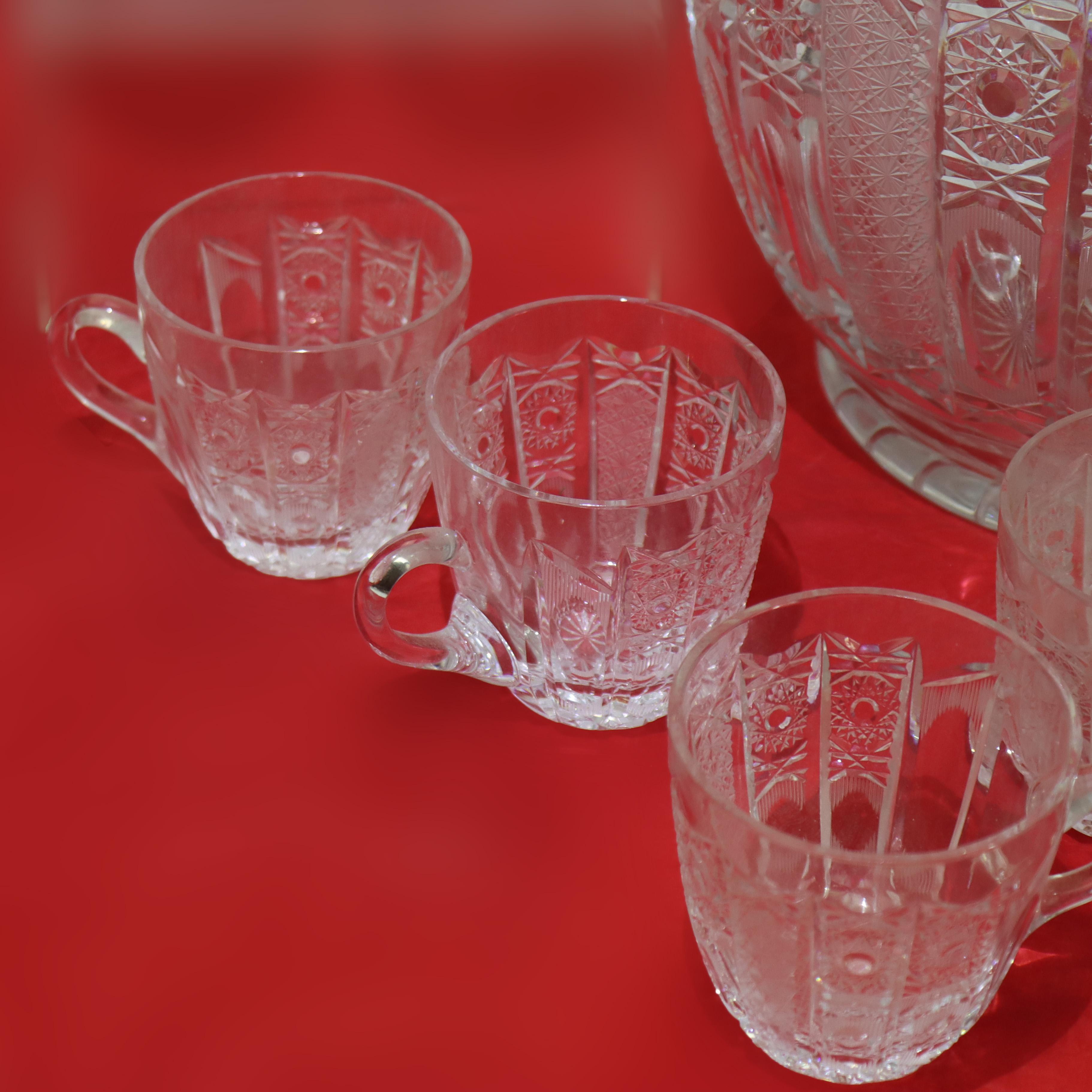 Ensemble de 15 pièces de l'école Hawk en verre taillé avec des diamants et des marguerites C1900 (bol 11 3/4