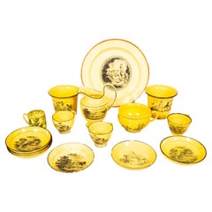 Antique Fifteen Pieces Of Canary Yellow Staffordshire Pottery