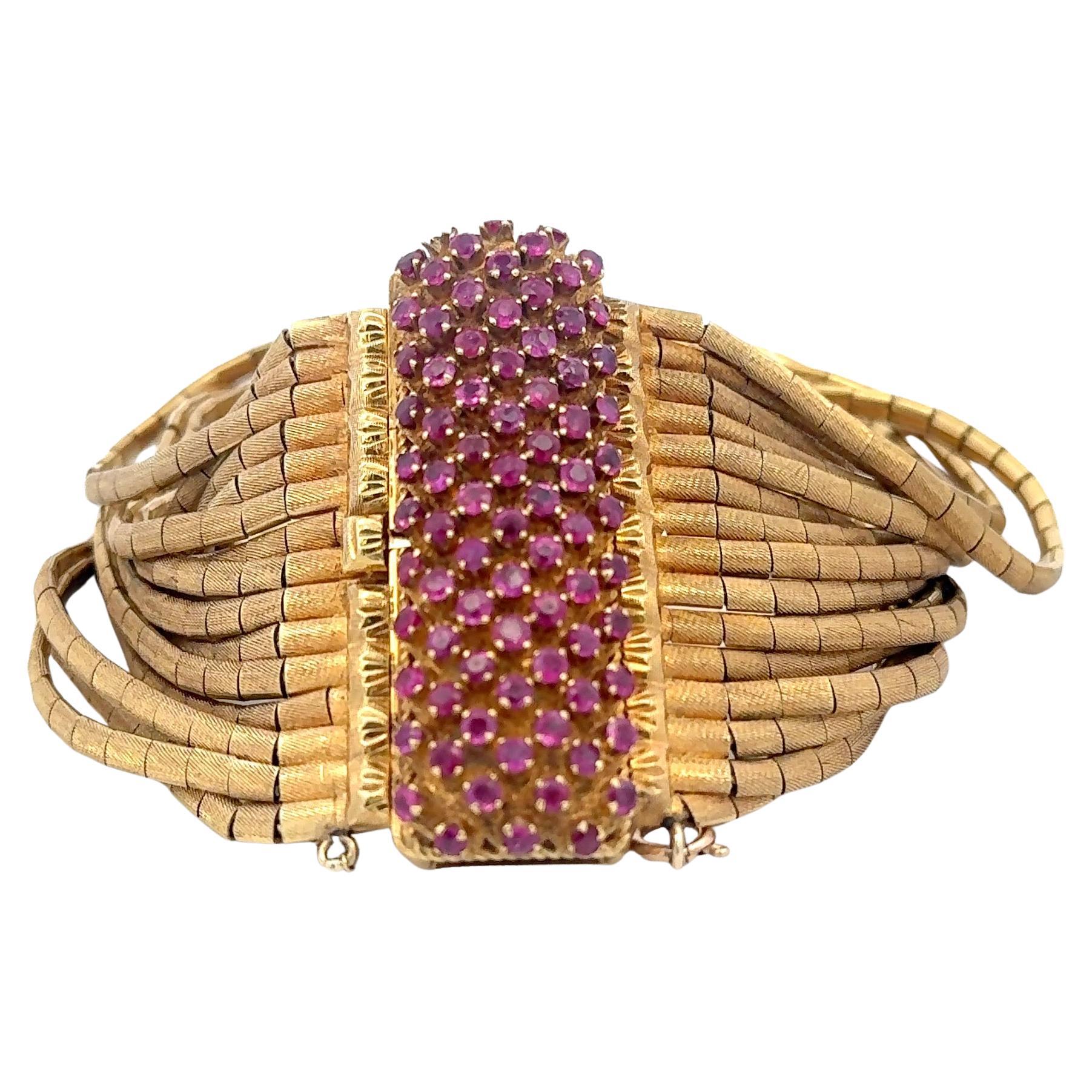 Fifteen Row Brushed Finished Multi Strand Pink Sapphire Bracelet 18KT 119 Grams For Sale 1