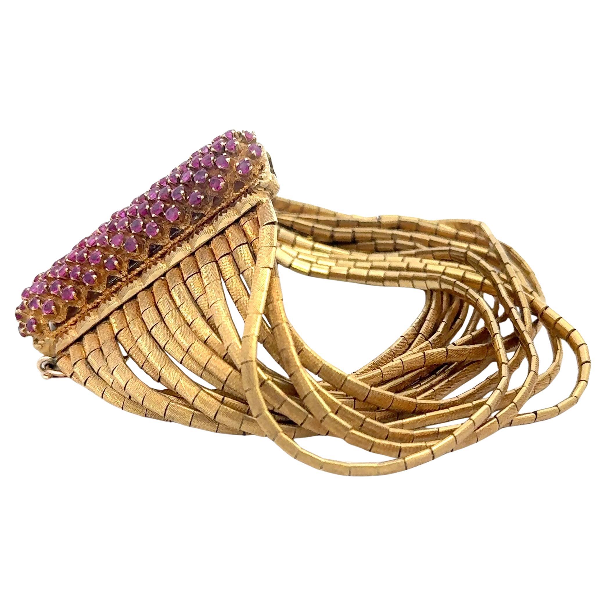 Fifteen Row Brushed Finished Multi Strand Pink Sapphire Bracelet 18KT 119 Grams For Sale 2