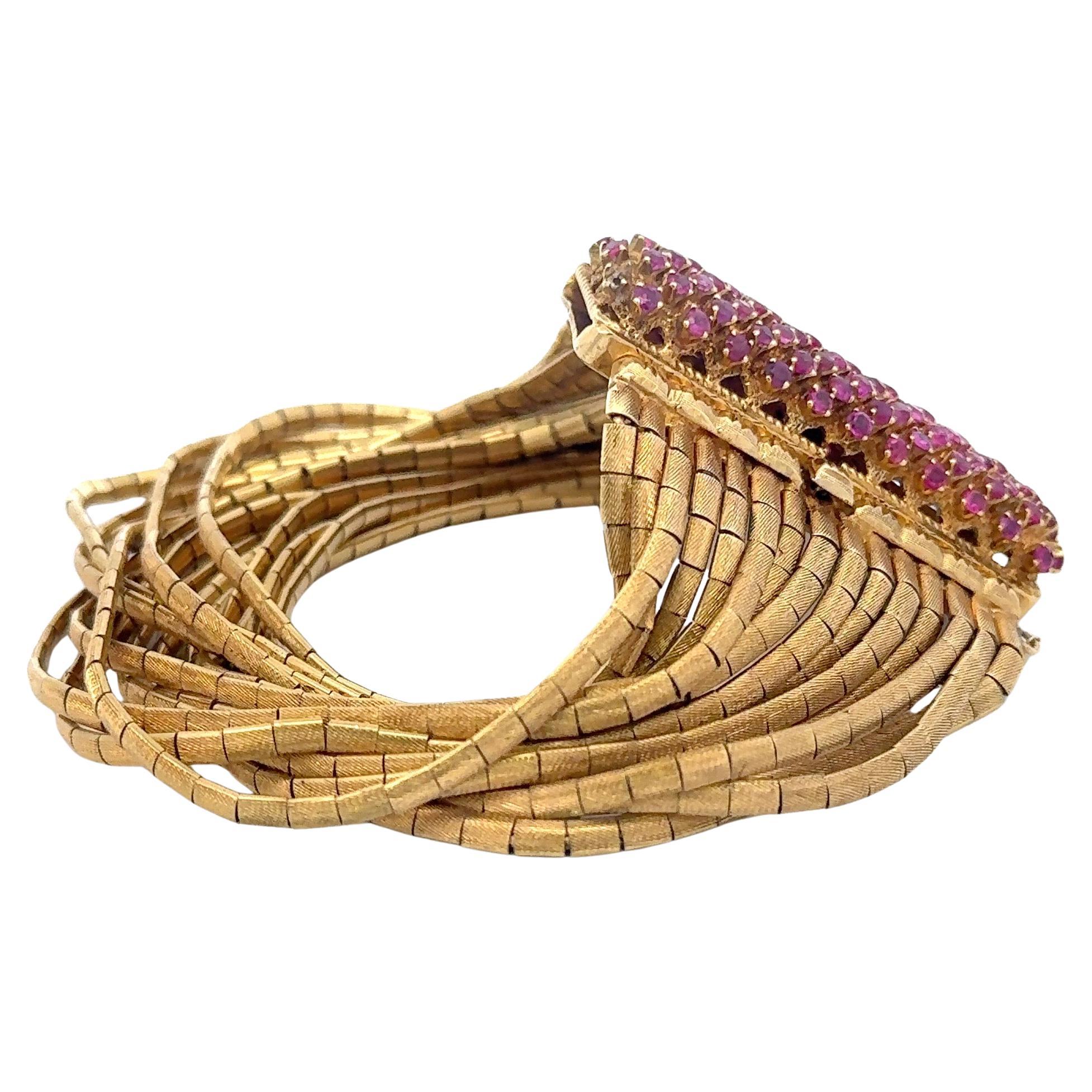 Fifteen Row Brushed Finished Multi Strand Pink Sapphire Bracelet 18KT 119 Grams For Sale 4
