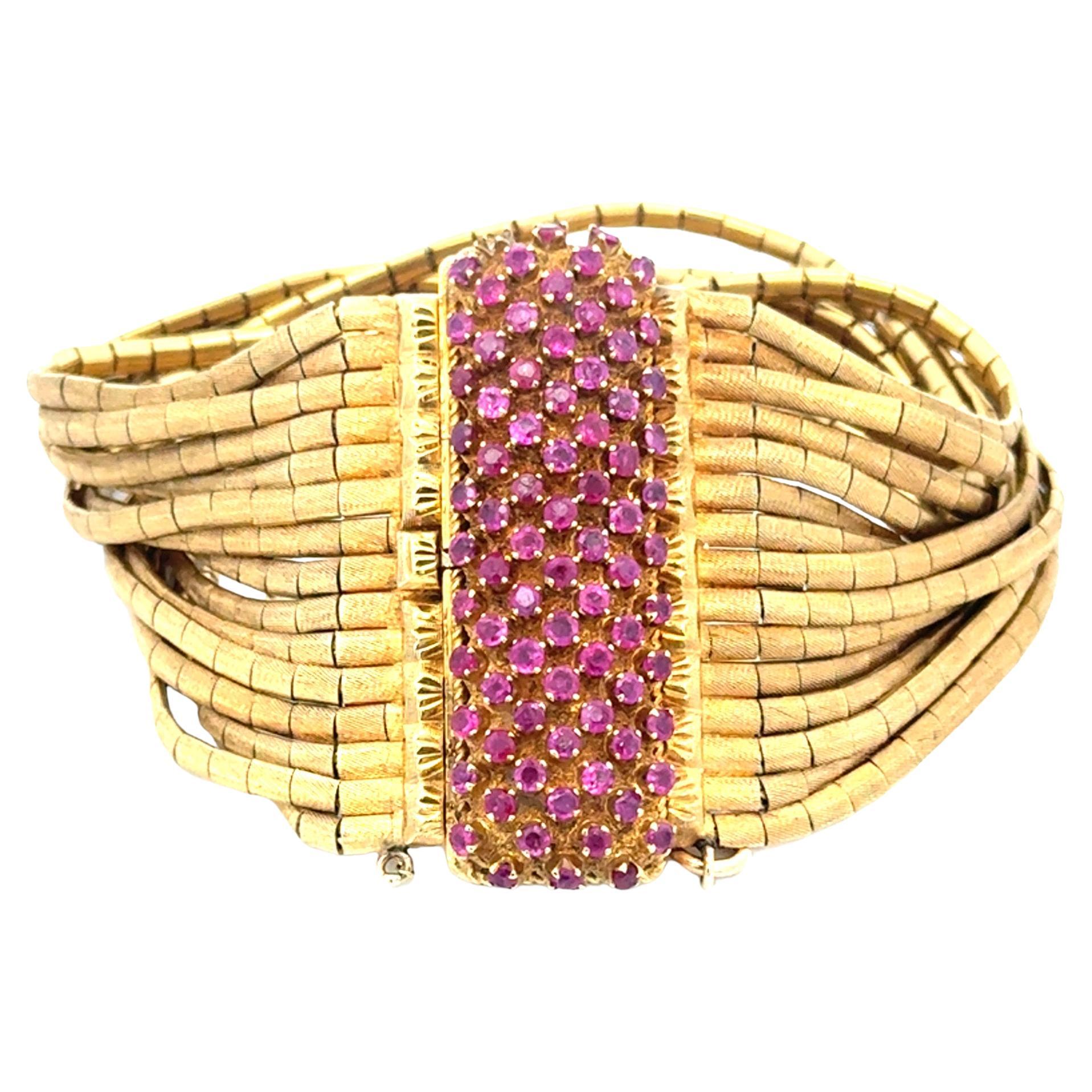 Fifteen Row Brushed Finished Multi Strand Pink Sapphire Bracelet 18KT 119 Grams For Sale 6