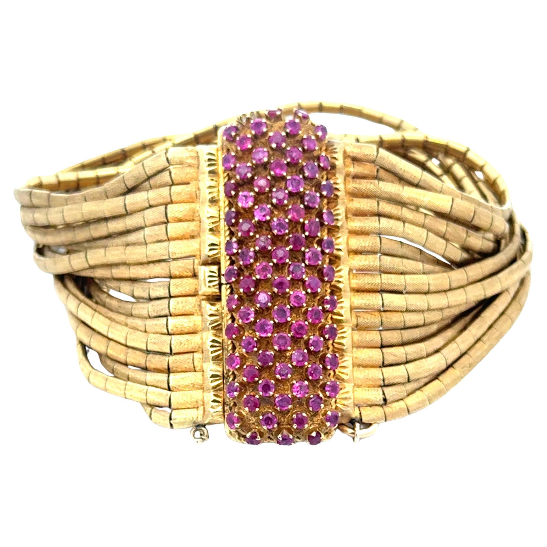 Fifteen Row Brushed Finished Multi Strand Pink Sapphire Bracelet 18KT 119 Grams For Sale