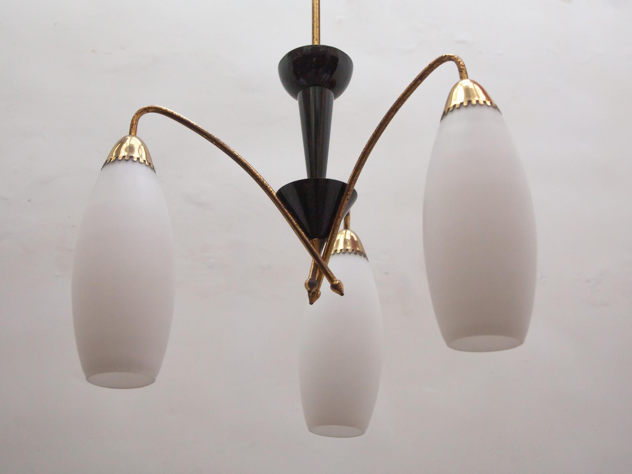 Metal Fifties Design Three Opal Shade Chandelier For Sale