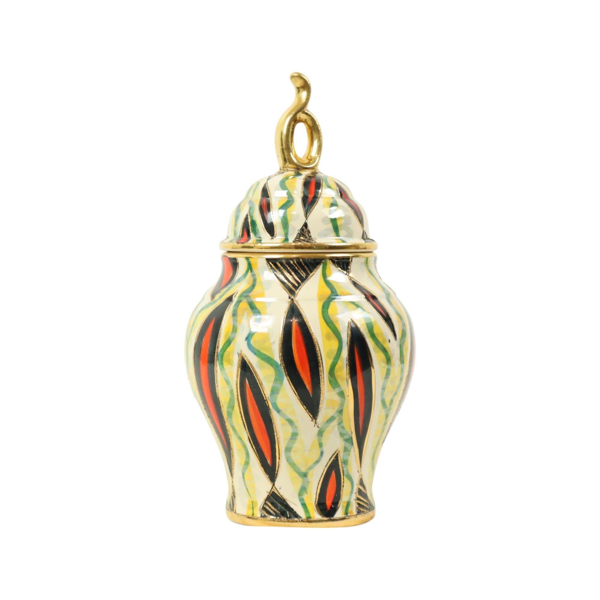 Fifties-Vase mit Deckel H. Bequet Jupiter, handbemalte Keramik im Angebot 4