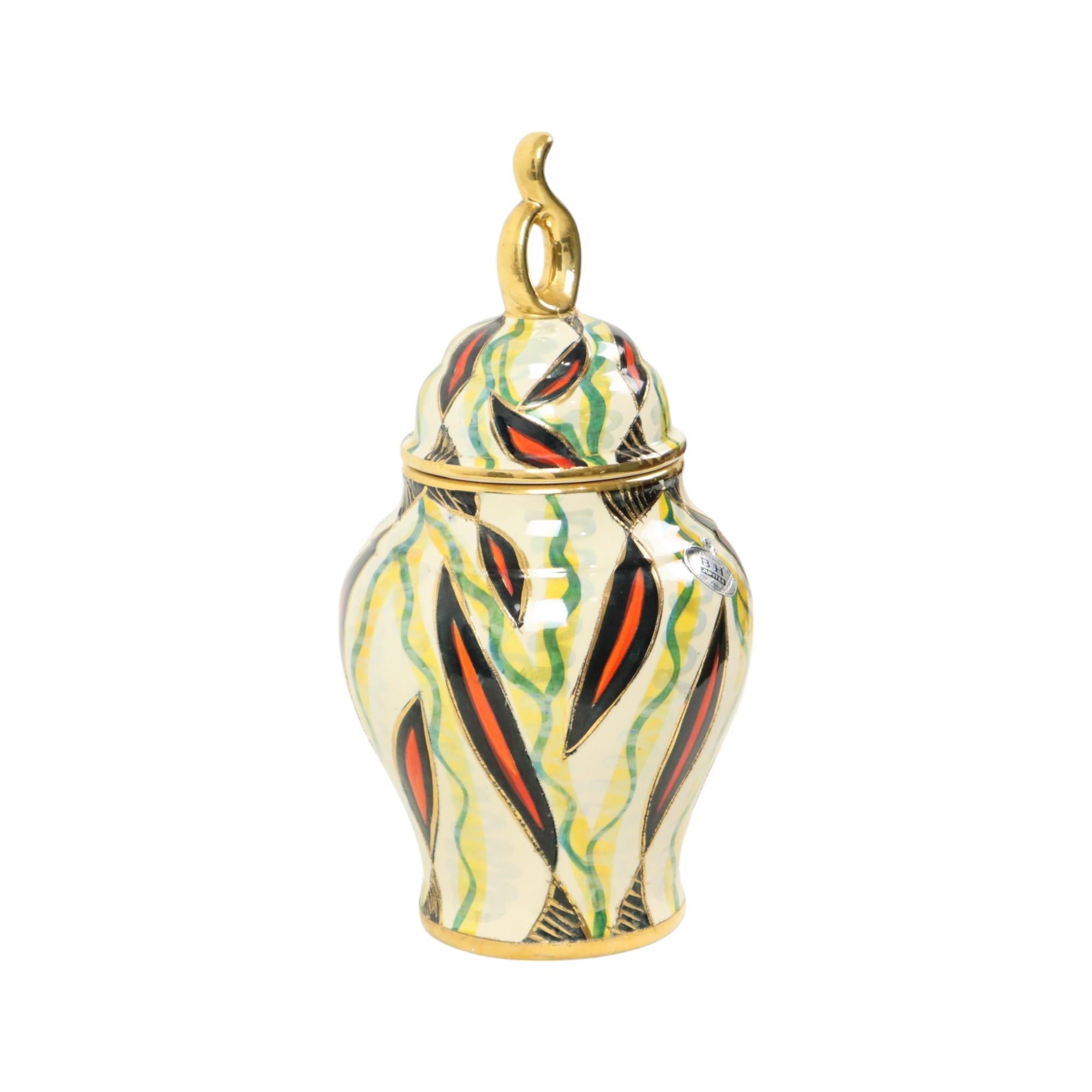 Fifties-Vase mit Deckel H. Bequet Jupiter, handbemalte Keramik (Belgisch) im Angebot