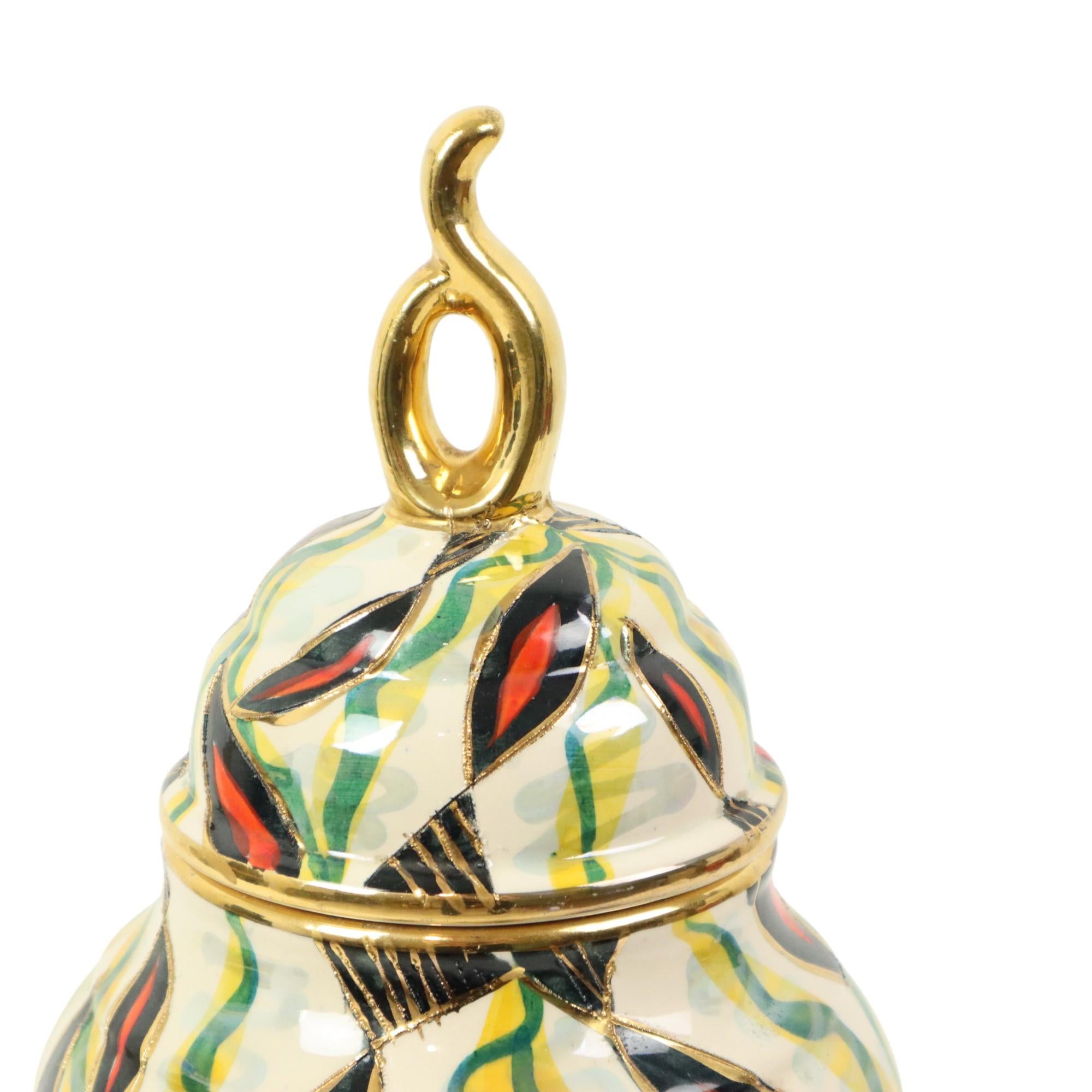 Fifties-Vase mit Deckel H. Bequet Jupiter, handbemalte Keramik (Glasiert) im Angebot