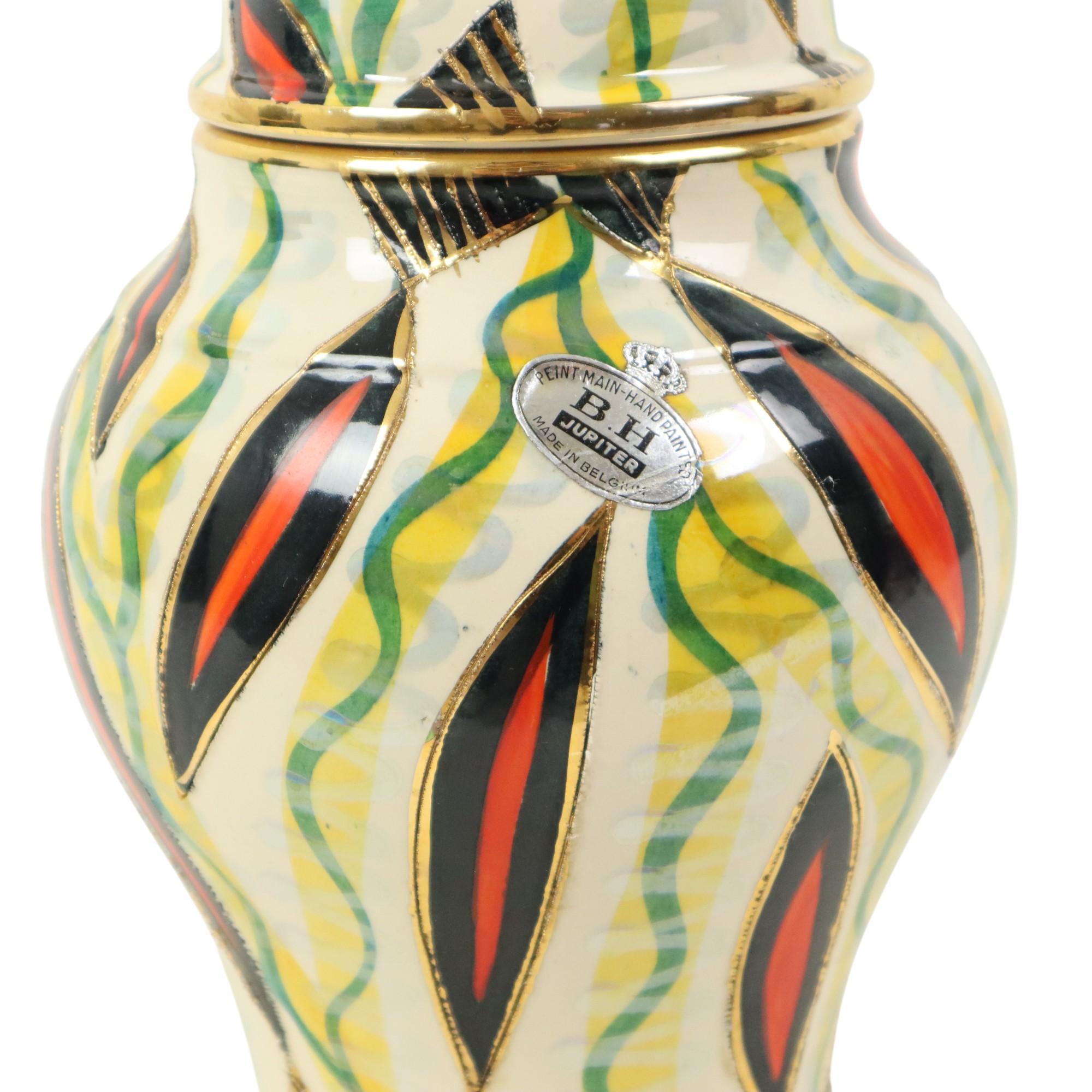 Fifties-Vase mit Deckel H. Bequet Jupiter, handbemalte Keramik im Zustand „Gut“ im Angebot in Poperinge, BE