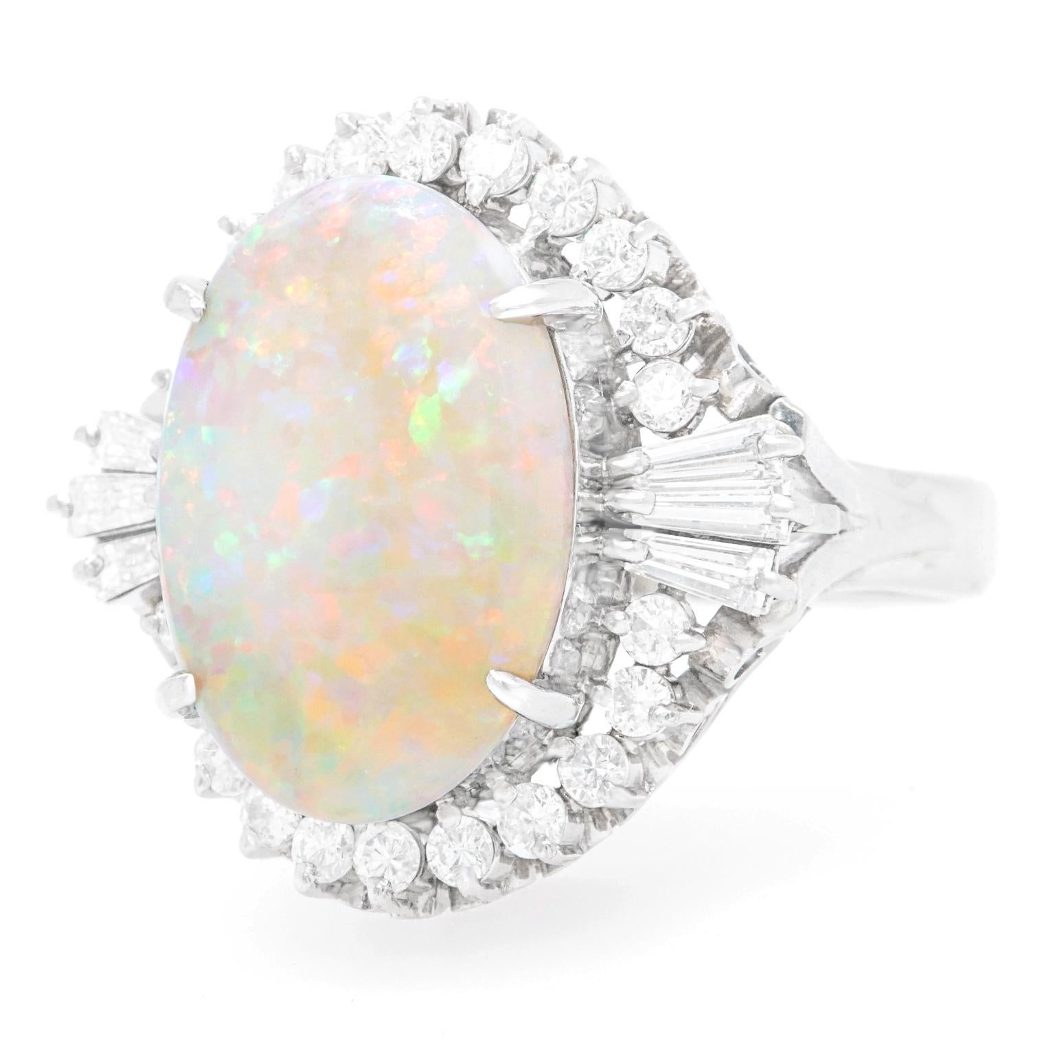 Cabochon 1950s Opal and Diamond-Set Platinum Ring