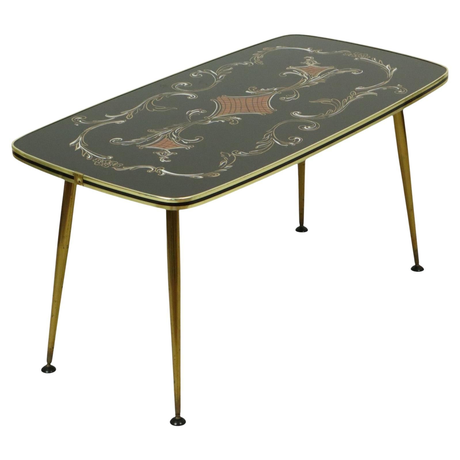 Table basse Rockabilly des années 50 Verre Pieds coniques dorés 90cm