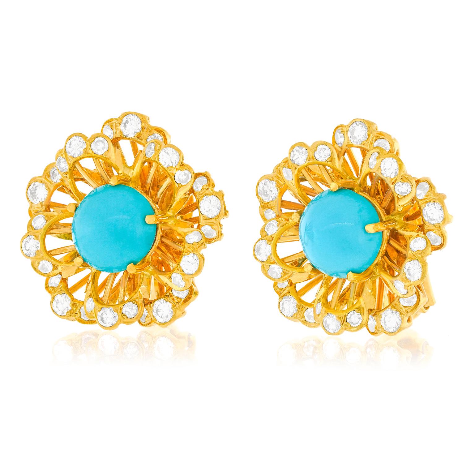 Cabochon Fifties Turquoise and Diamond Earrings