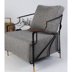 Fig Armchair with Side Table - Blackened Brass Frame & Grey Upholstery by Misaya