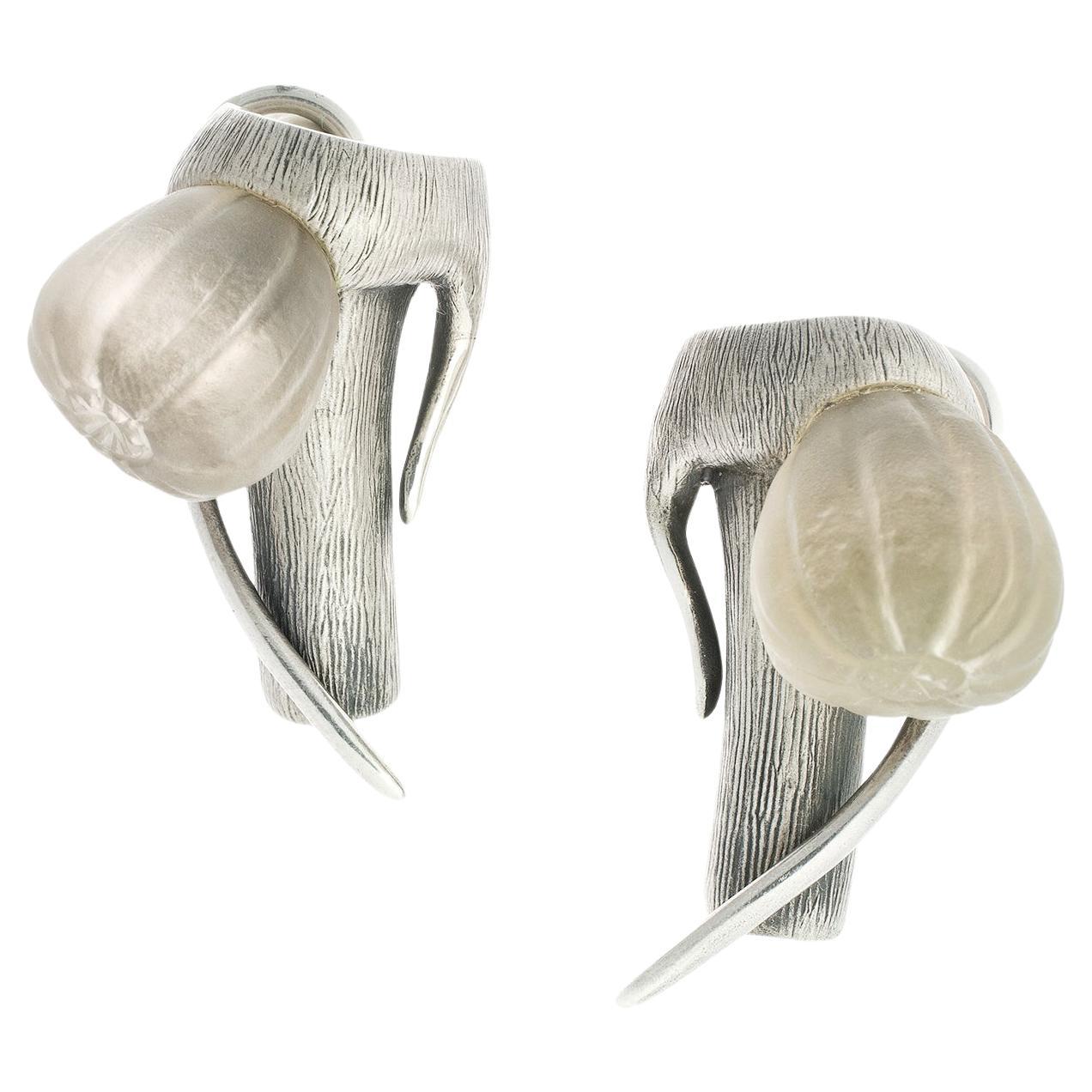 Boucles d'oreilles Fig contemporaines en argent sterling avec quartzes fumés de l'artiste