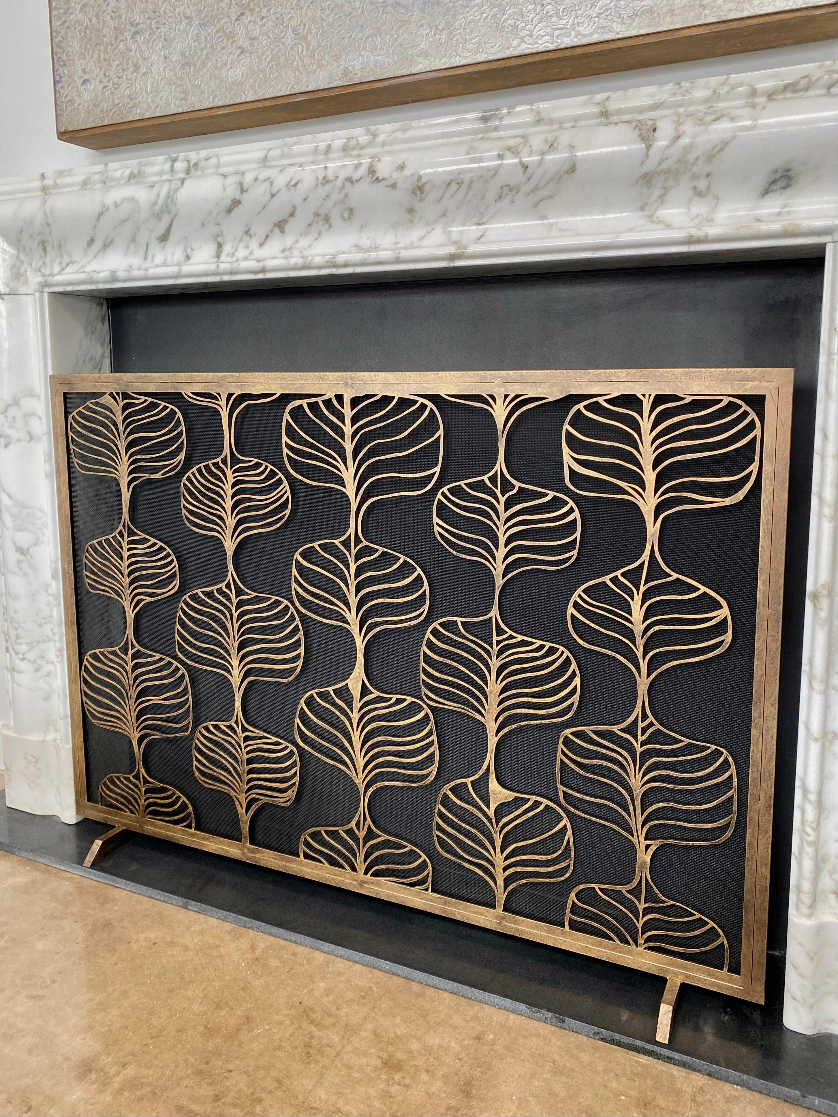 Iron Fig Leaf Fireplace Screen in Tobacco For Sale
