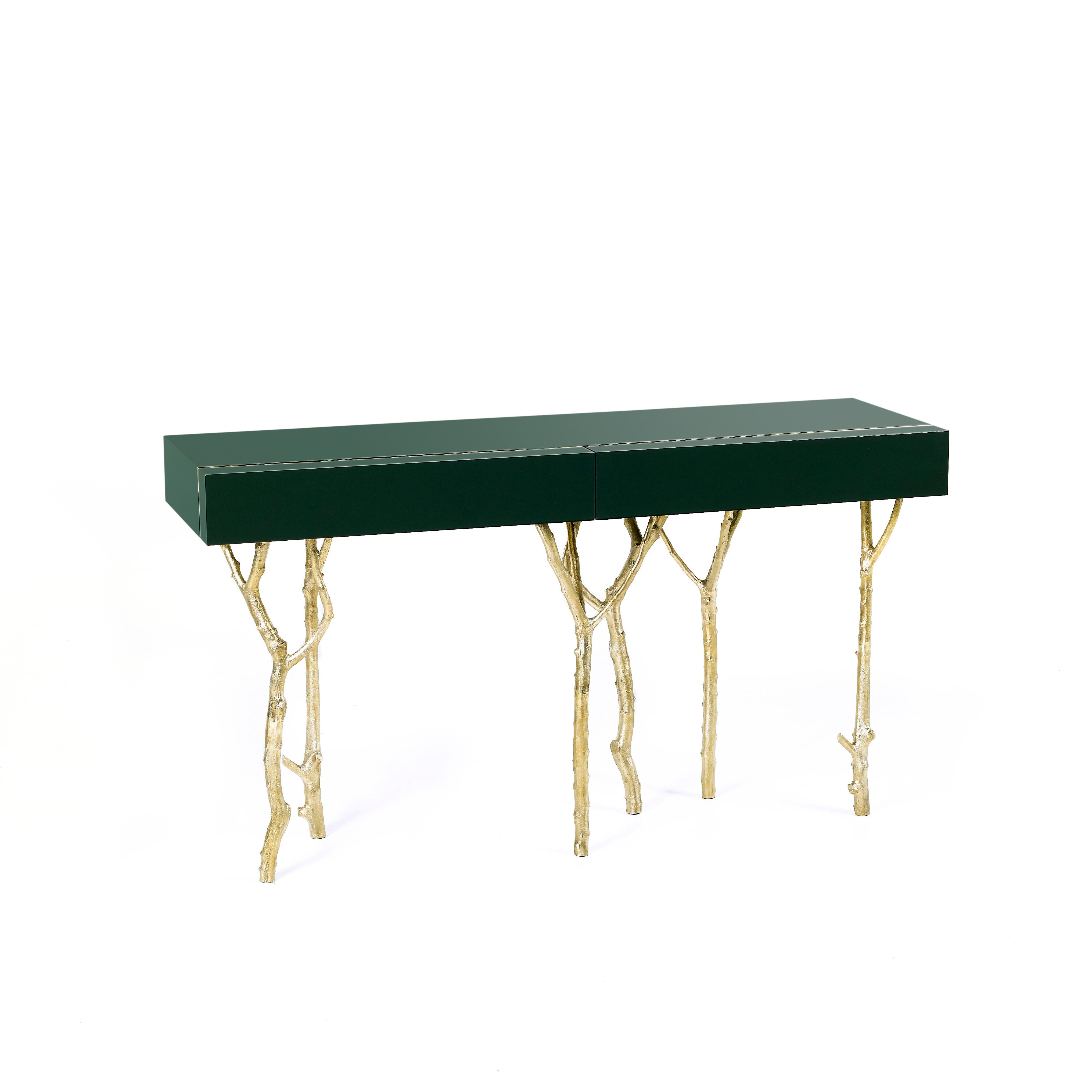 Fig Tree Console by Ginger & Jagger
Dimensions: D 48 x W 160 x H 90 cm. 
Materials: Brass, wood veneer, and lacquer.
Finish: Top lacquered in Green; drawer in purpleheart wood veneer in matt, drawer rim in Polished Brass; legs in cast Brass in Brass