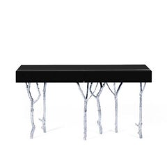 Console design Fig Tree avec dessus laqué sur mesure et pieds en laiton moulé