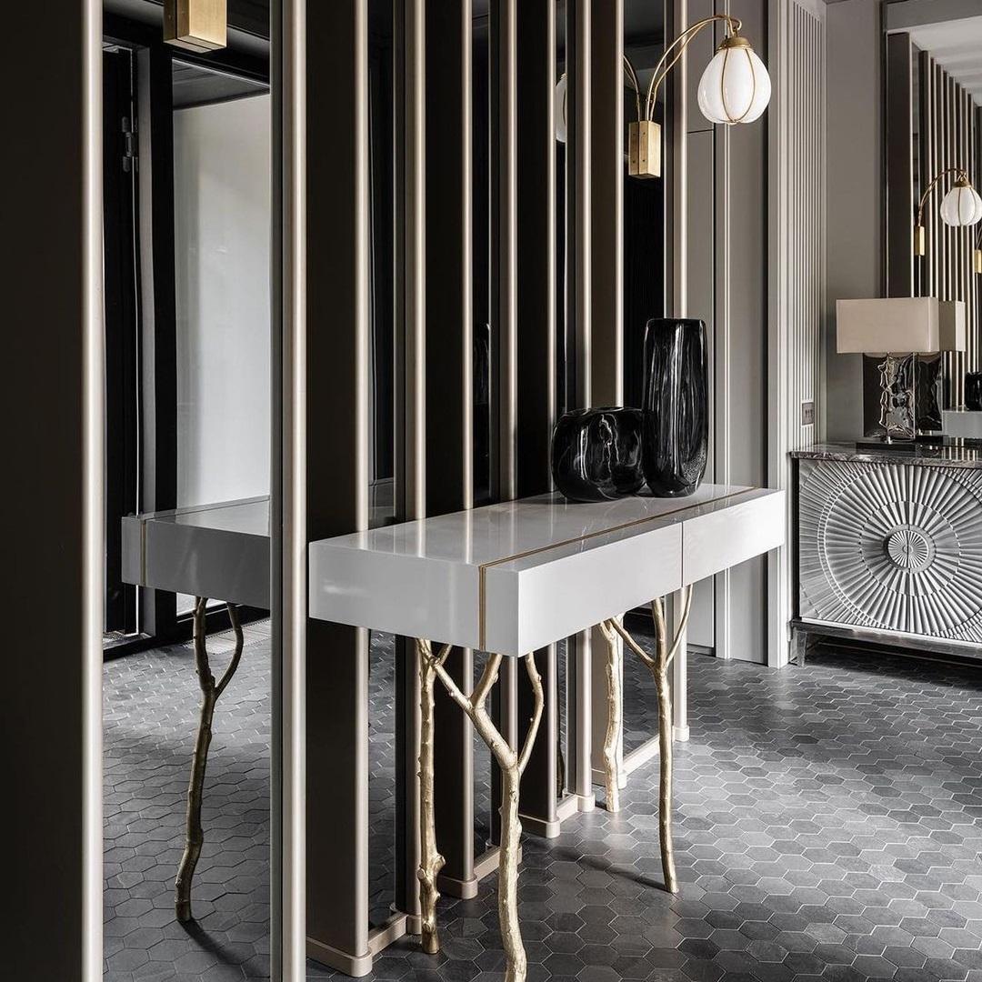 Contemporary Fig Tree Designer Console In Custom Lacquer Top & Cast Brass Legs For Sale
