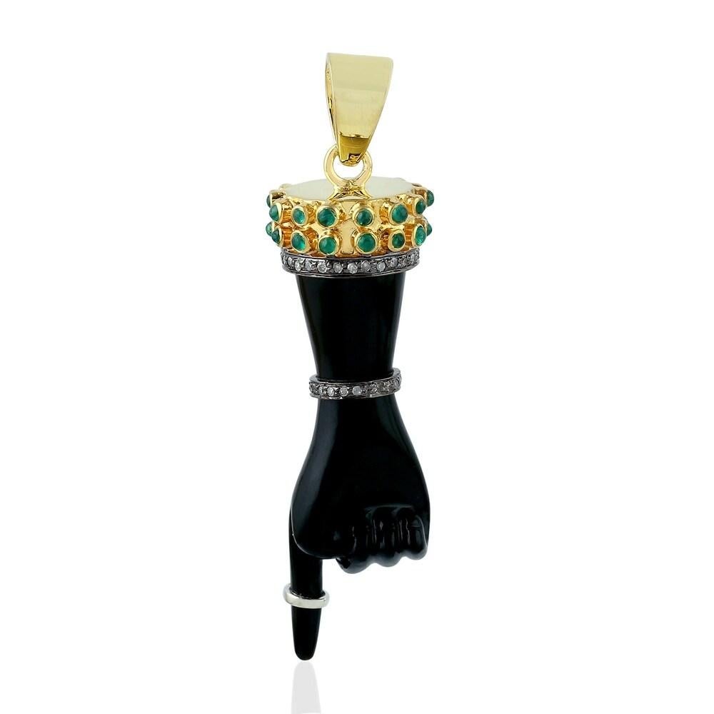 The 18 karat gold and sterling silver pendant is set with 26.1 carats onyx, 1.09 carats emerald and .35 carats of  diamonds. 

FOLLOW  MEGHNA JEWELS storefront to view the latest collection & exclusive pieces.  Meghna Jewels is proudly rated as a