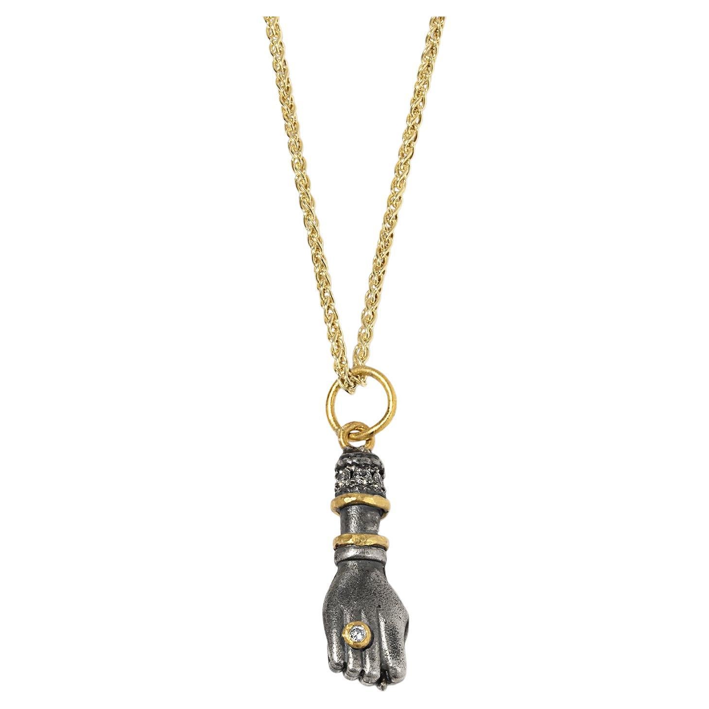 Figa Charm, Pendant Necklace Charm with Diamonds, 24kt Gold and Silver