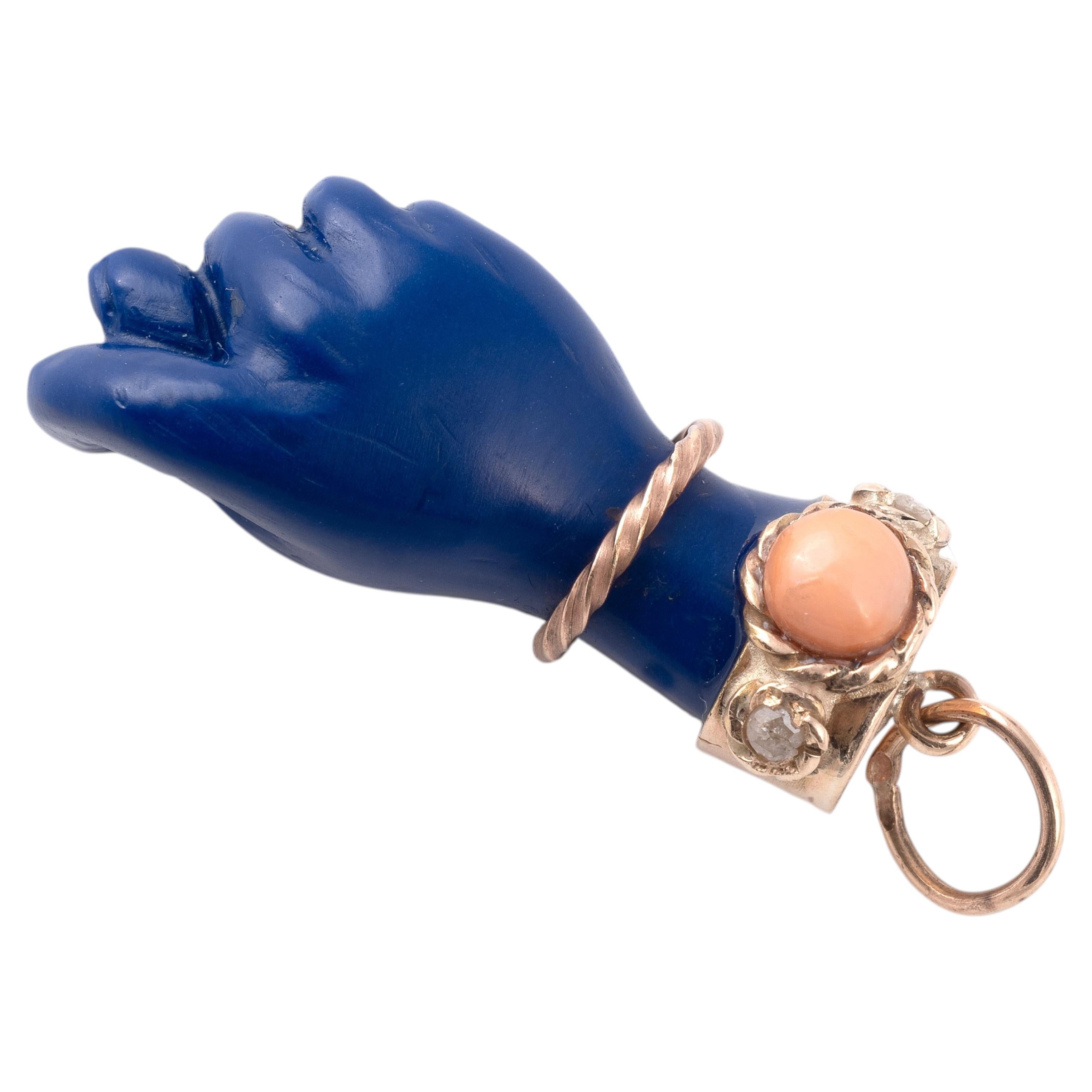 Figa Hand Lapis Lazuli Charm Pendant with 14K Gold Bail, Mid-20th Century