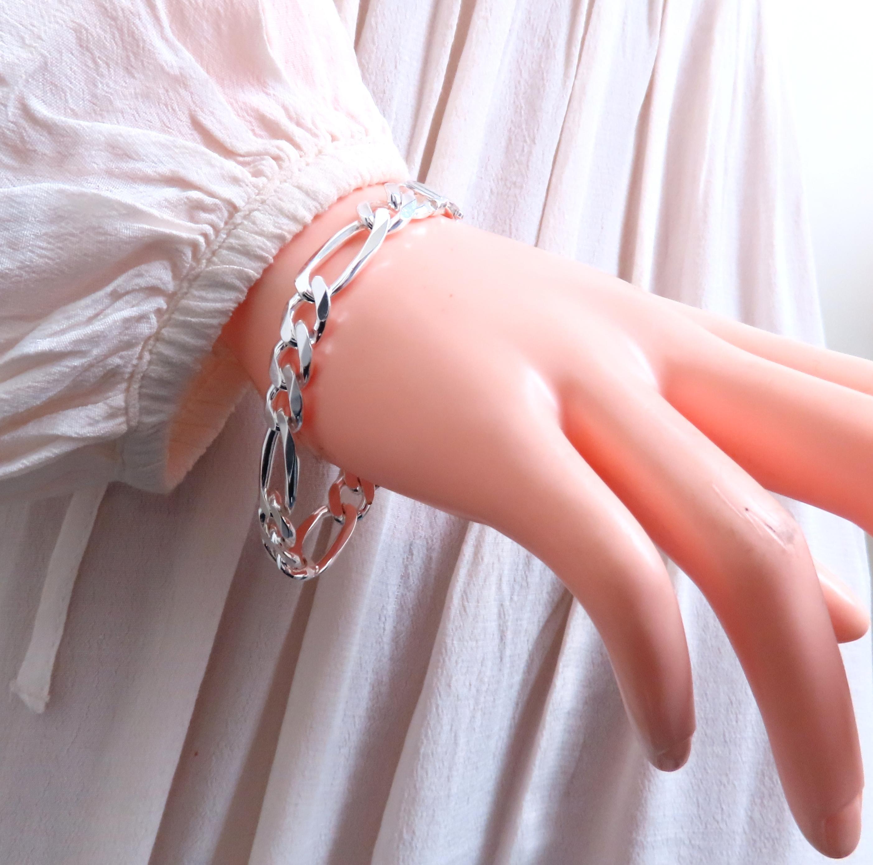 Modern Figaro Bracelet 9.5mm Sterling Silver 8.25inch 12444 For Sale