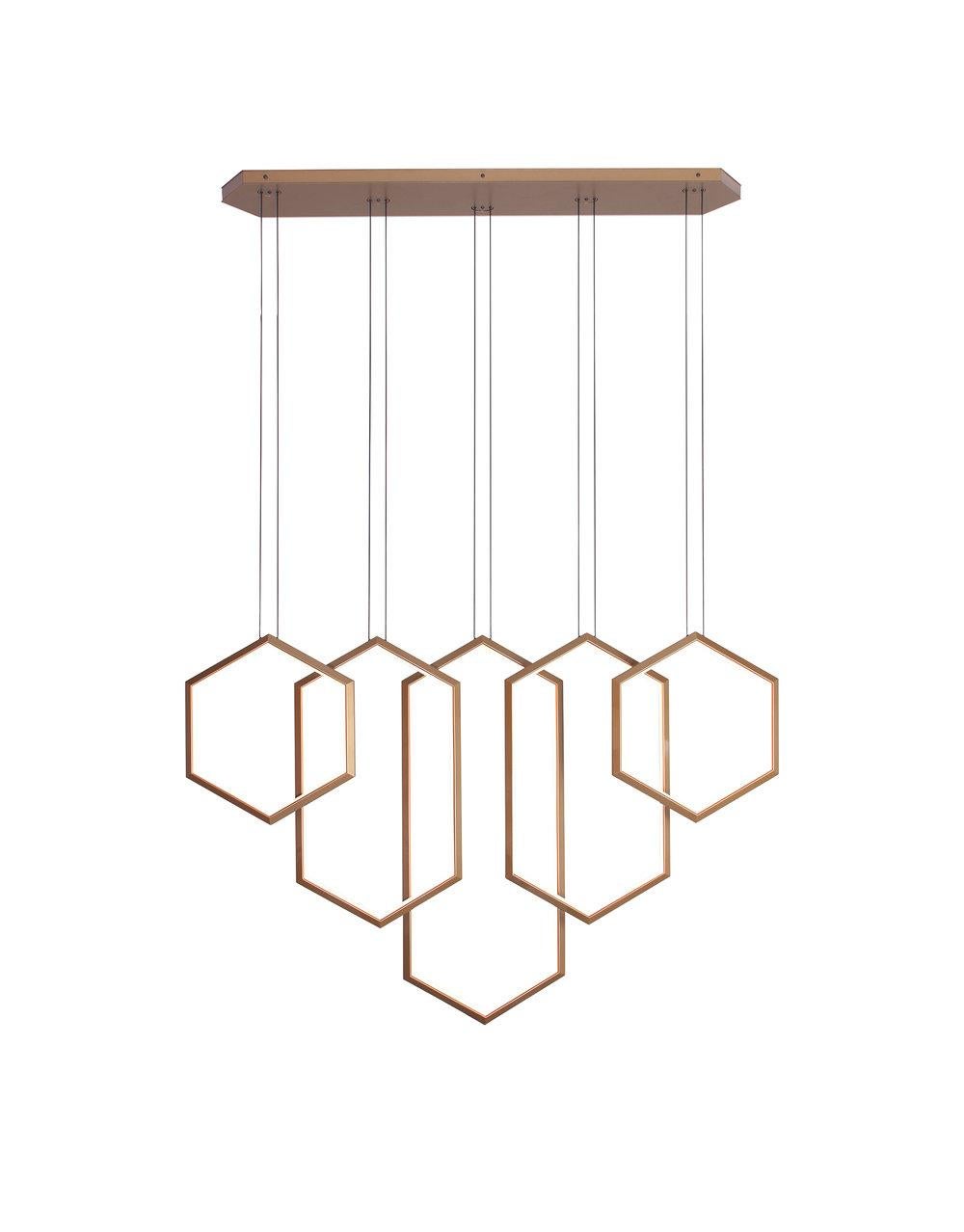 Figaro V is a sculptural chandelier that transforms any space with its grand presence. Five hexagonal rings overlap to create a dynamic silhouette. FIGARO V illuminates elegantly in a lobby, atrium or reception area. The height of each ring can be