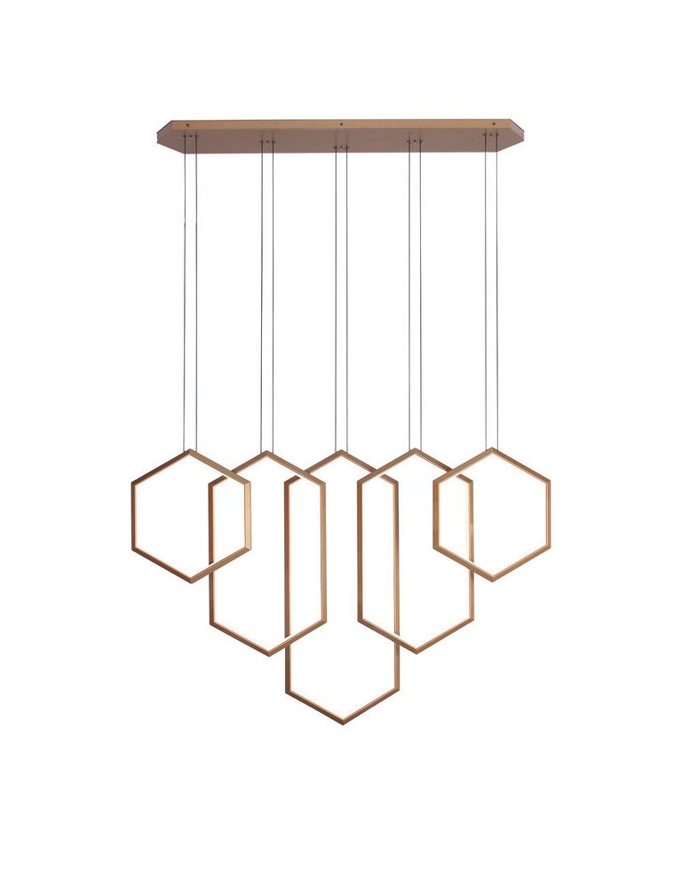 FIGARO V s a sculptural chandelier that transforms any space with its grand presence. Five hexagonal rings overlap to create a dynamic silhouette. Figaro V illuminates elegantly in a lobby, atrium or reception area. The height of each ring can be