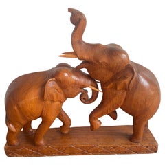 "Fight or Play" Midcentury Modern Wooden Elephants Sculpture