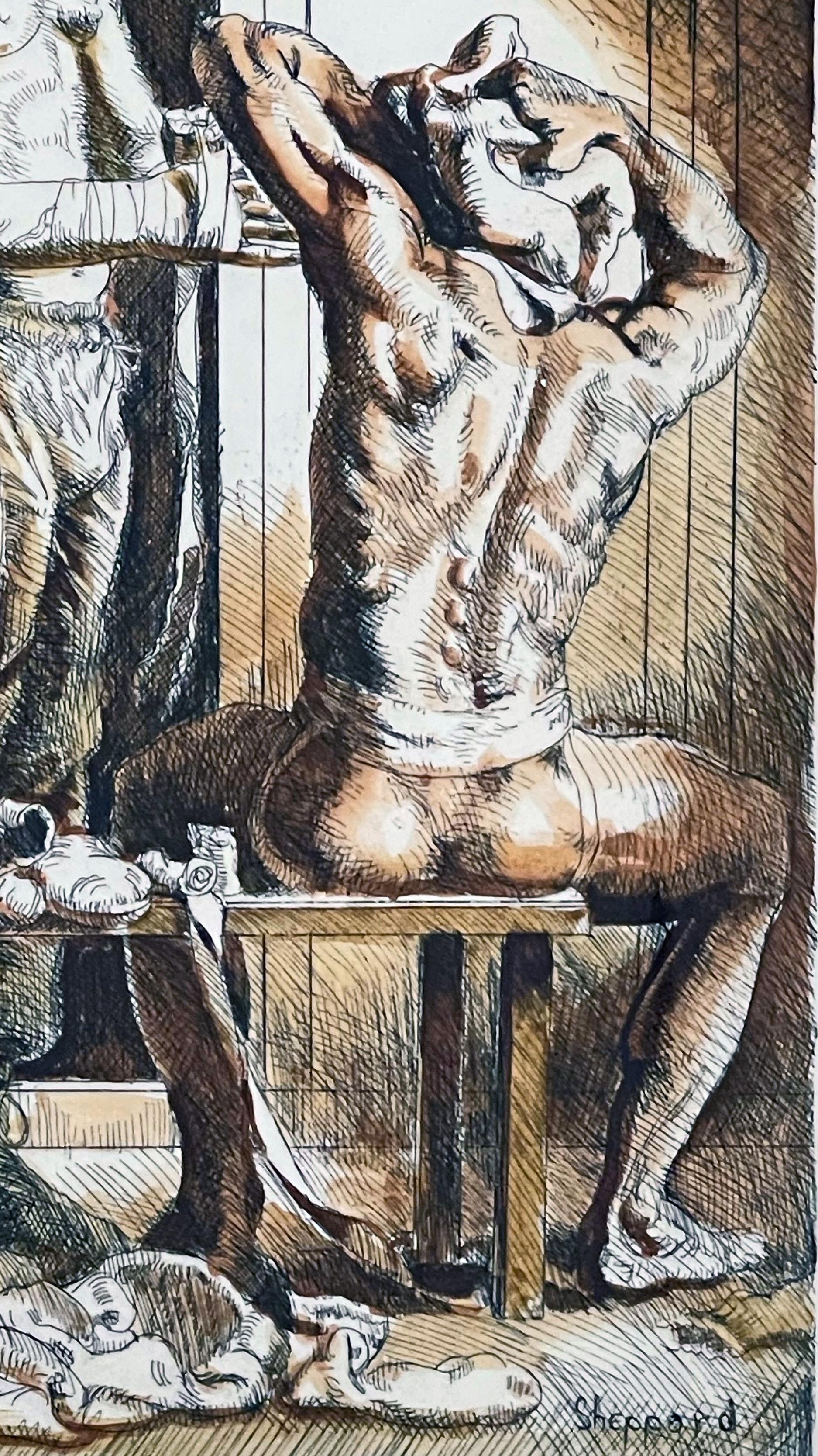 Executed and hand-watercolored by the artist, James Sheppard, this large and impressive print depicts three boxers in various stages of undress in a men's locker room, the figures highlighted in warm tones of rust and golden yellow. Sheppard was