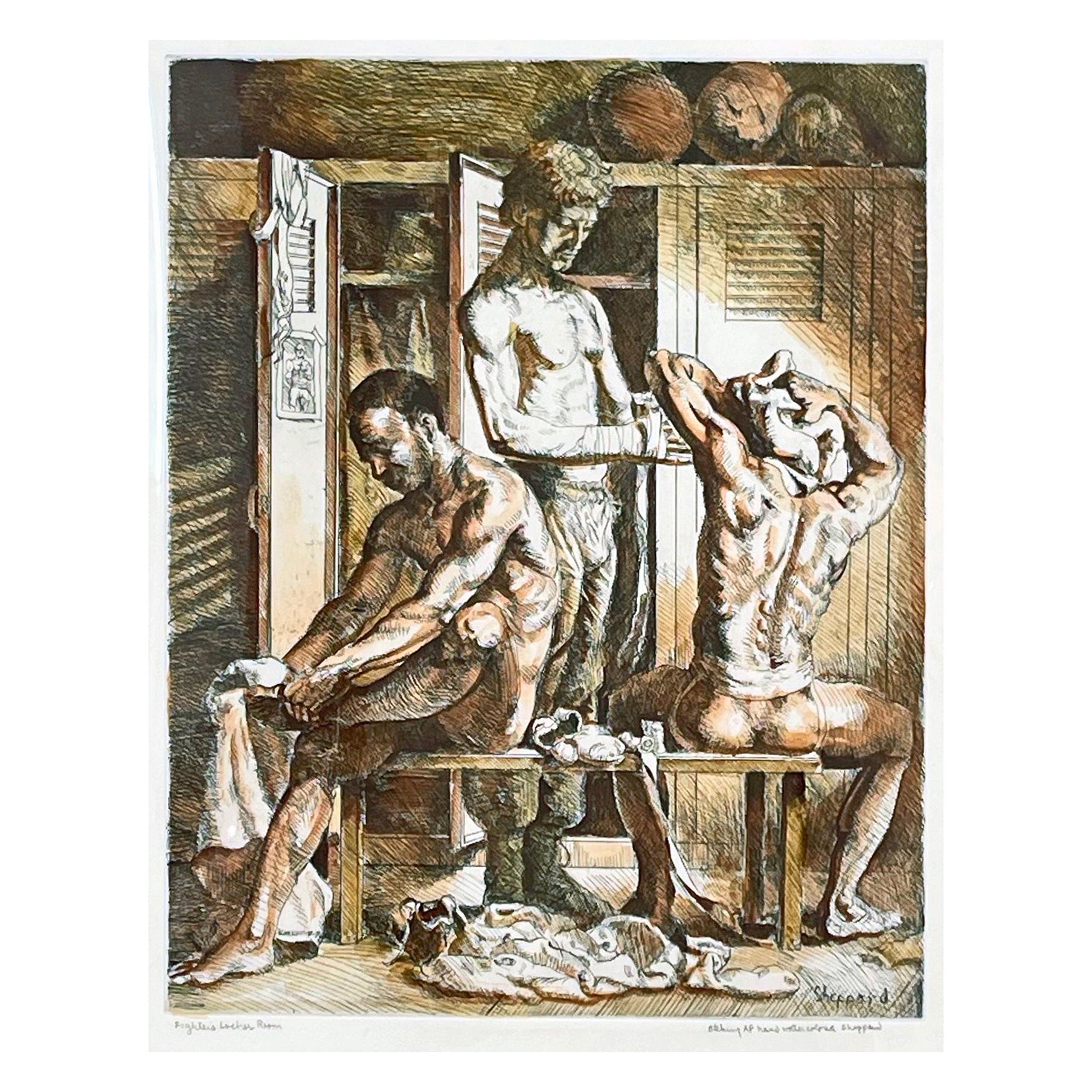 "Fighter's Locker Room, " Large, Rare Print with Watercolor with Nude Boxers For Sale