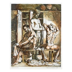 "Fighter's Locker Room," Large, Rare Print with Watercolor with Nude Boxers