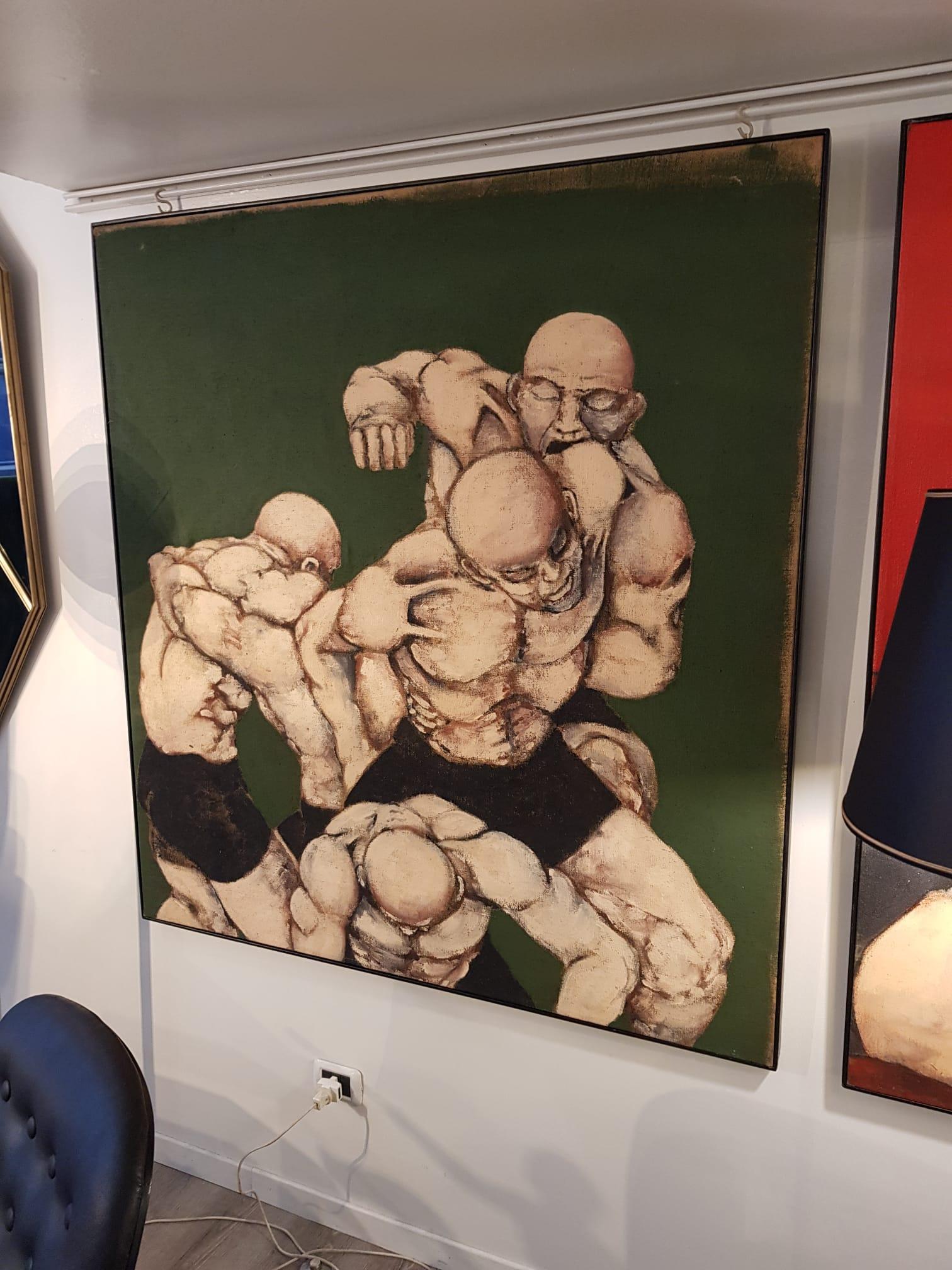 Painting showing fighters on a red base, by Cocever. 
Measures: 144 x 135 cm 
Available two figures representing fighters. Price refers to on piece only.
Oil on canvas 
Iron frames 
from Italy form 1970s.