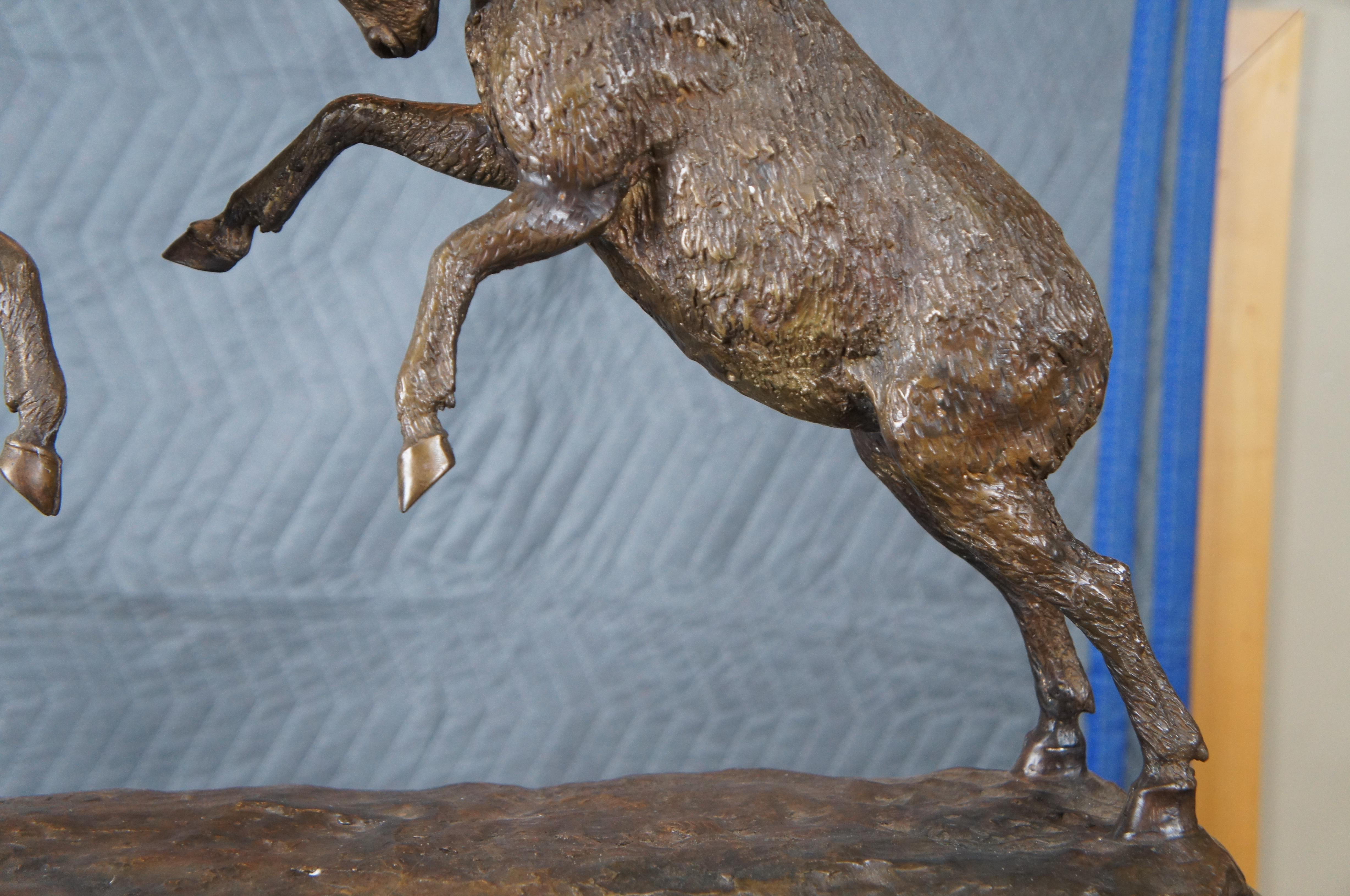20th Century Fighting Big Horn Sheep Bronze Mountain Rams Dueling Sculpture Statue Marble 30
