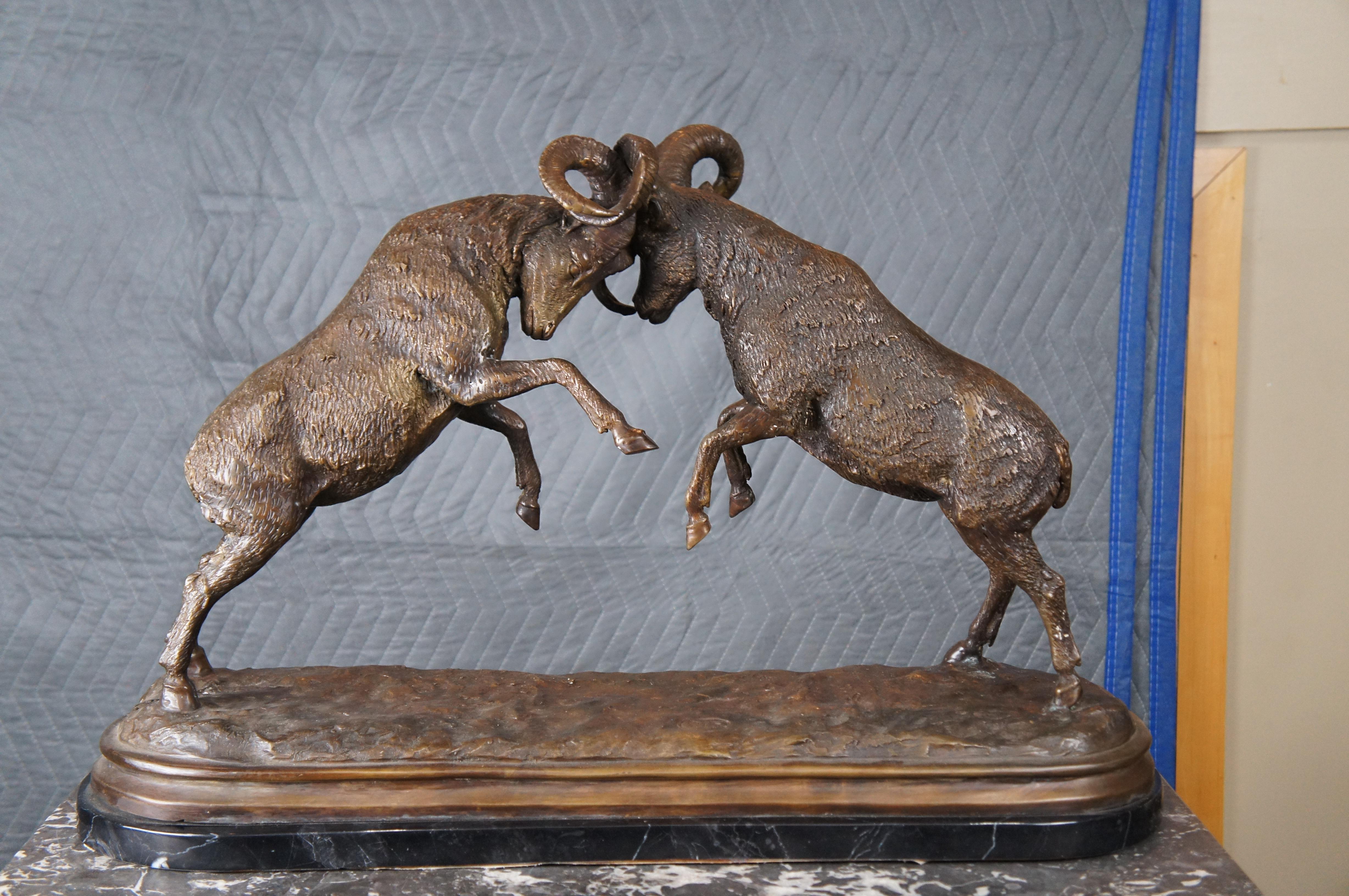 Fighting Big Horn Sheep Bronze Mountain Rams Dueling Sculpture Statue Marble 30