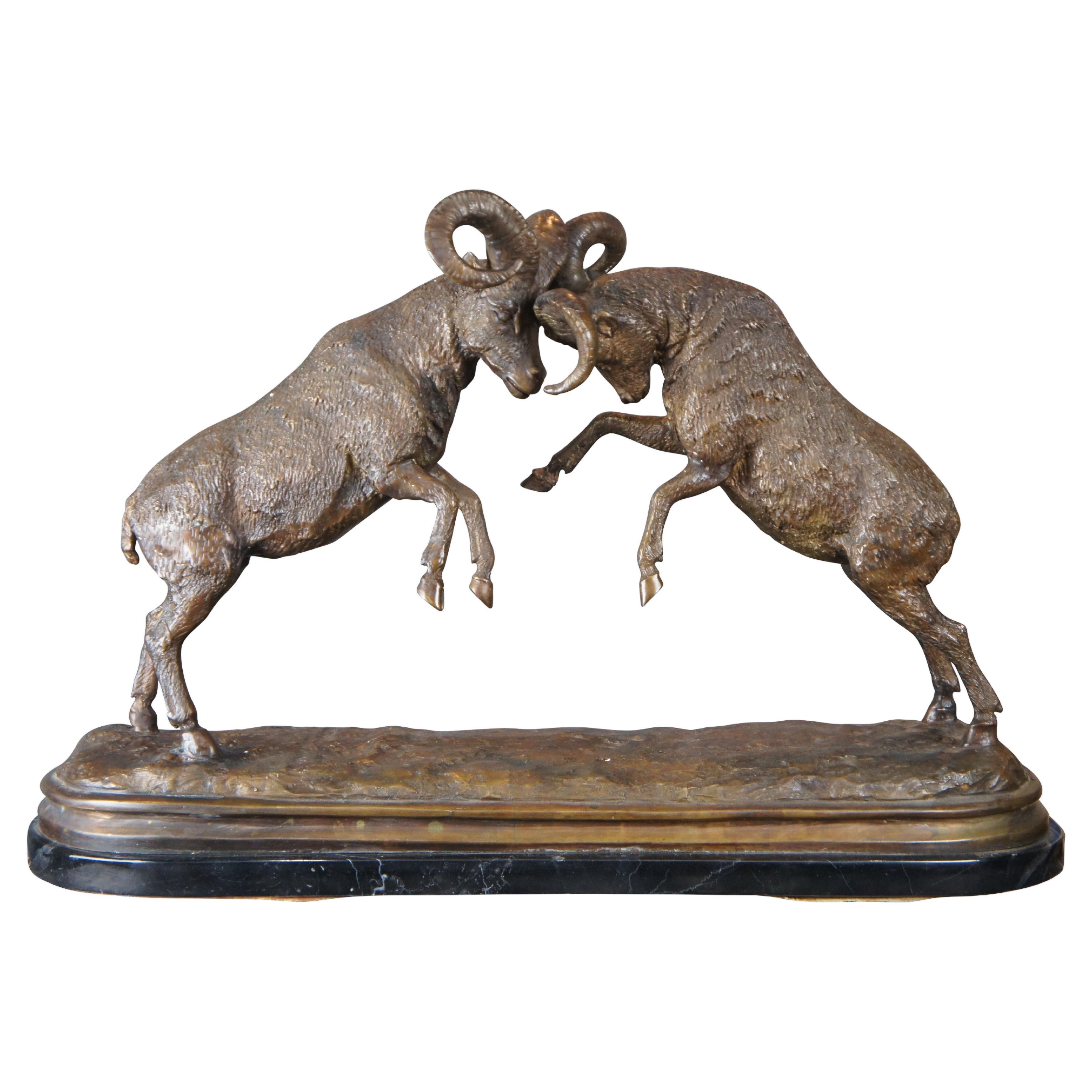 Fighting Big Horn Sheep Bronze Mountain Rams Dueling Sculpture Statue Marble 30" For Sale