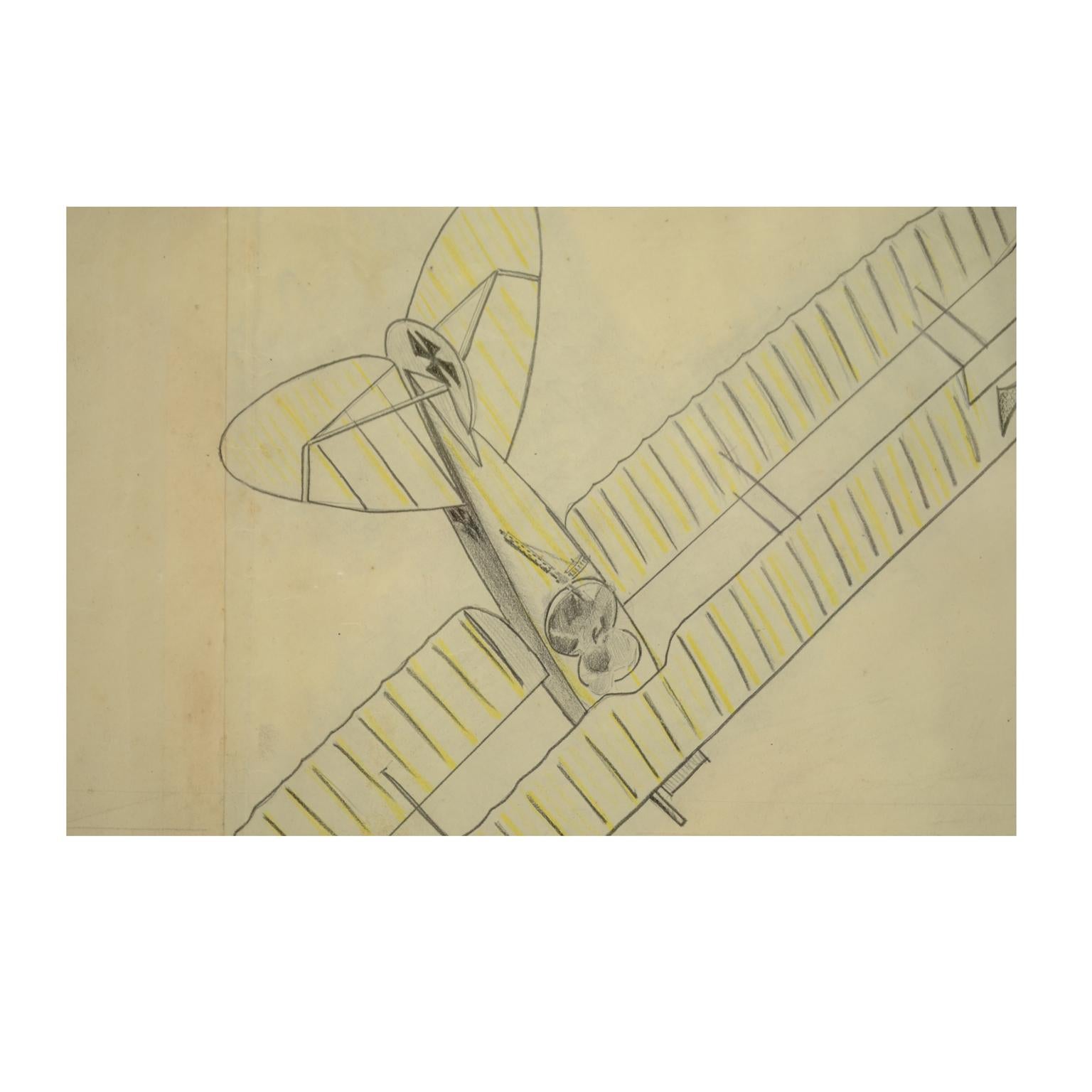 1920er Jahre Vintage Quinquina Zeichnung Darstellung WWI Kämpfen Doppeldecker Flugzeuge im Angebot 1
