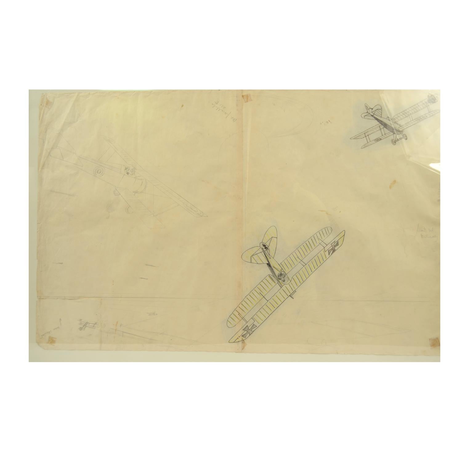 Dessin au quinquina réalisé par Riccardo Cavigioli au début des années 1920 représentant des avions biplans en train de se battre. A gauche = chasseur biplan monoplace Hanriot HD 1 produit sous licence par Macchi en 1916. A droite= biplan biplace de