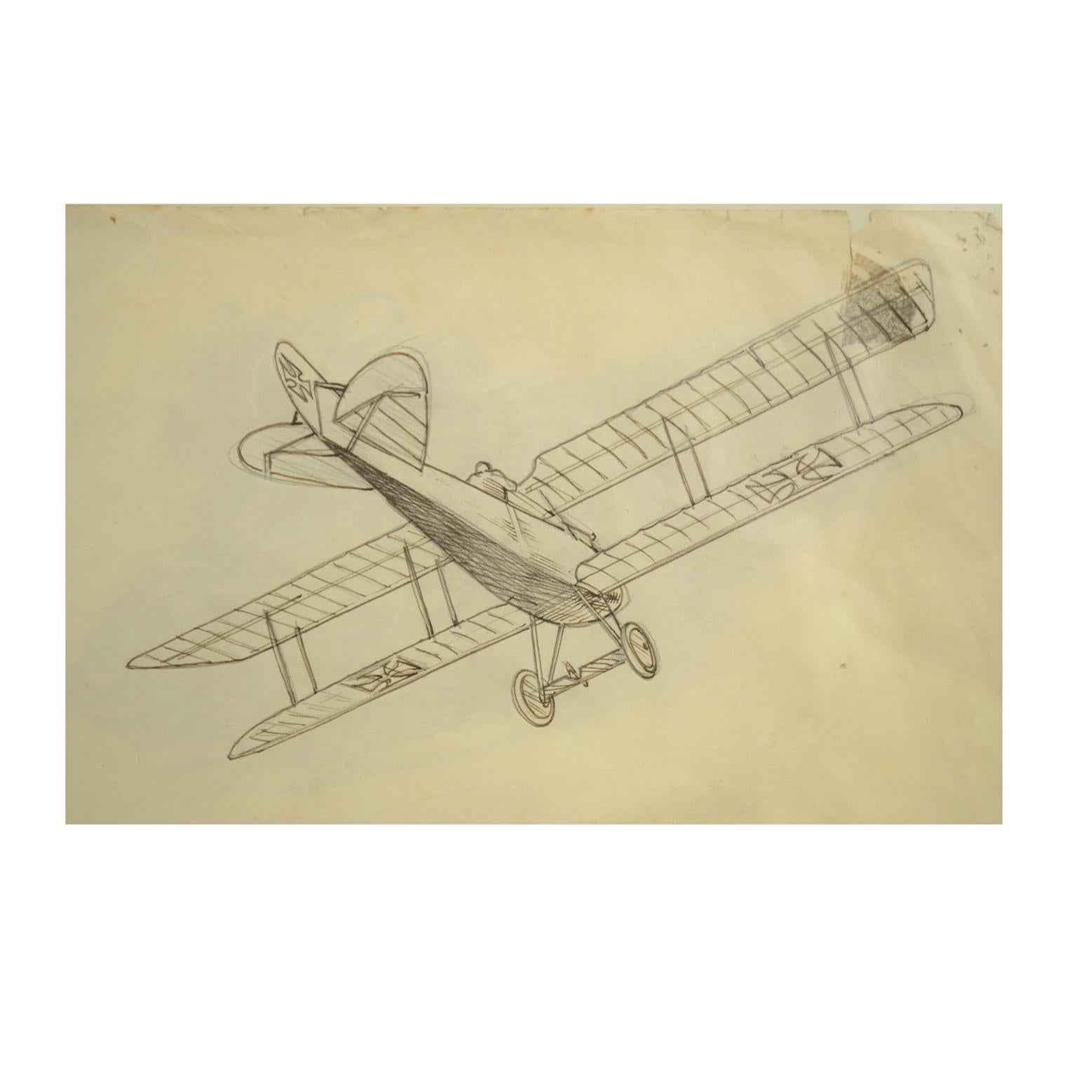 1920s Vintage Quinquina Drawing Depicting WWI Fighting Biplanes Aircraft In Good Condition For Sale In Milan, IT