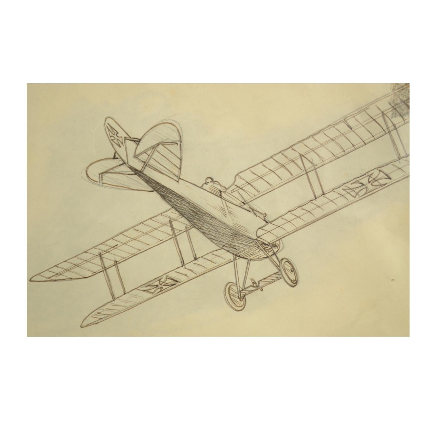Early 20th Century 1920s Vintage Quinquina Drawing Depicting WWI Fighting Biplanes Aircraft For Sale