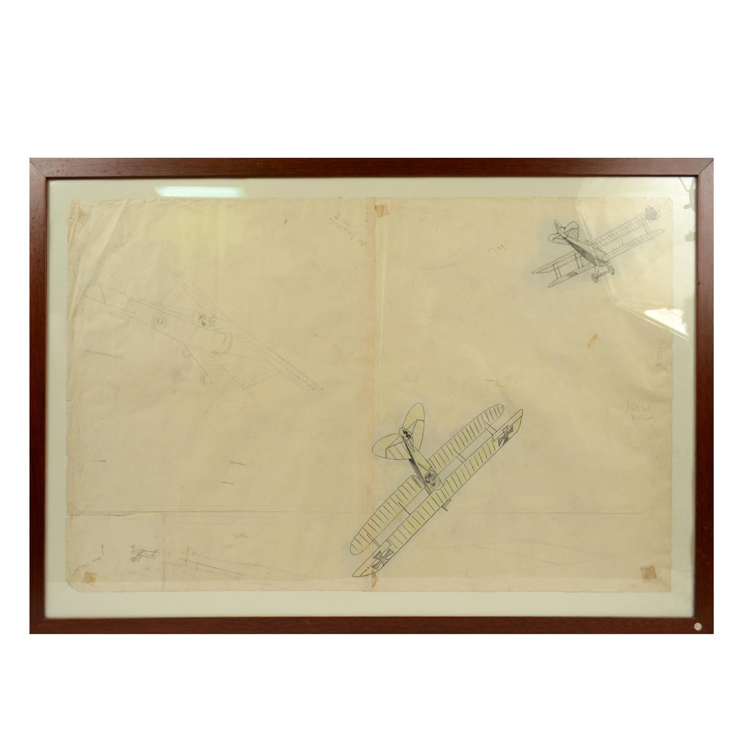 1920er Jahre Vintage Quinquina Zeichnung Darstellung WWI Kämpfen Doppeldecker Flugzeuge