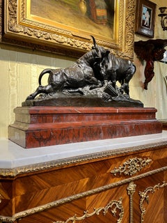 Fighting Bulls Bronze and Marble Sculpture After Jean-Baptiste Clesinger