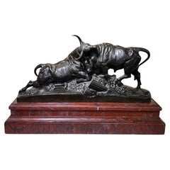 Fighting Bulls Bronze and Marble Sculpture After Jean-Baptiste Clesinger