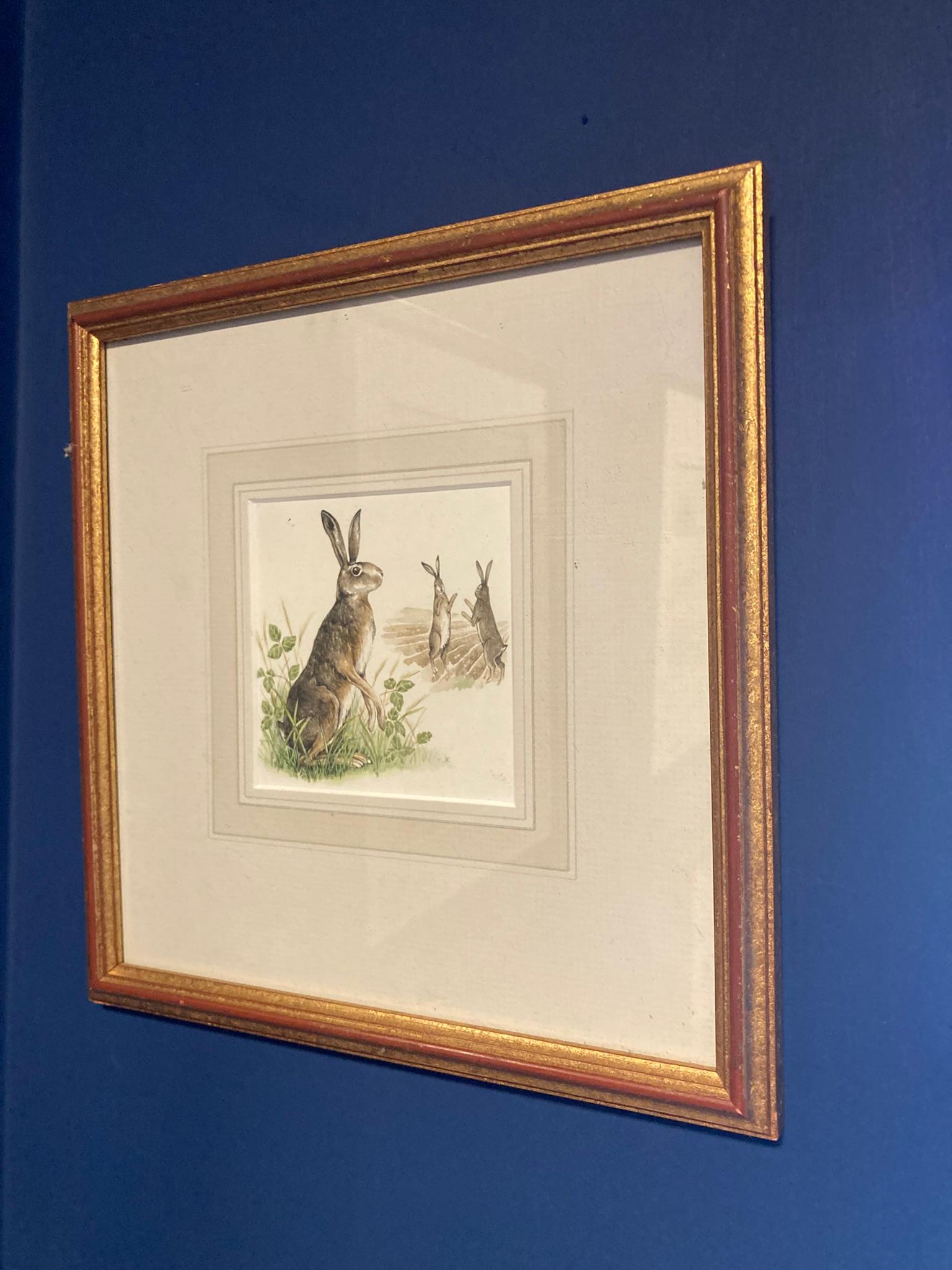 Kämpfende Hasen Aquarell auf Leinwand im Zustand „Gut“ im Angebot in Bishop's Stortford, GB