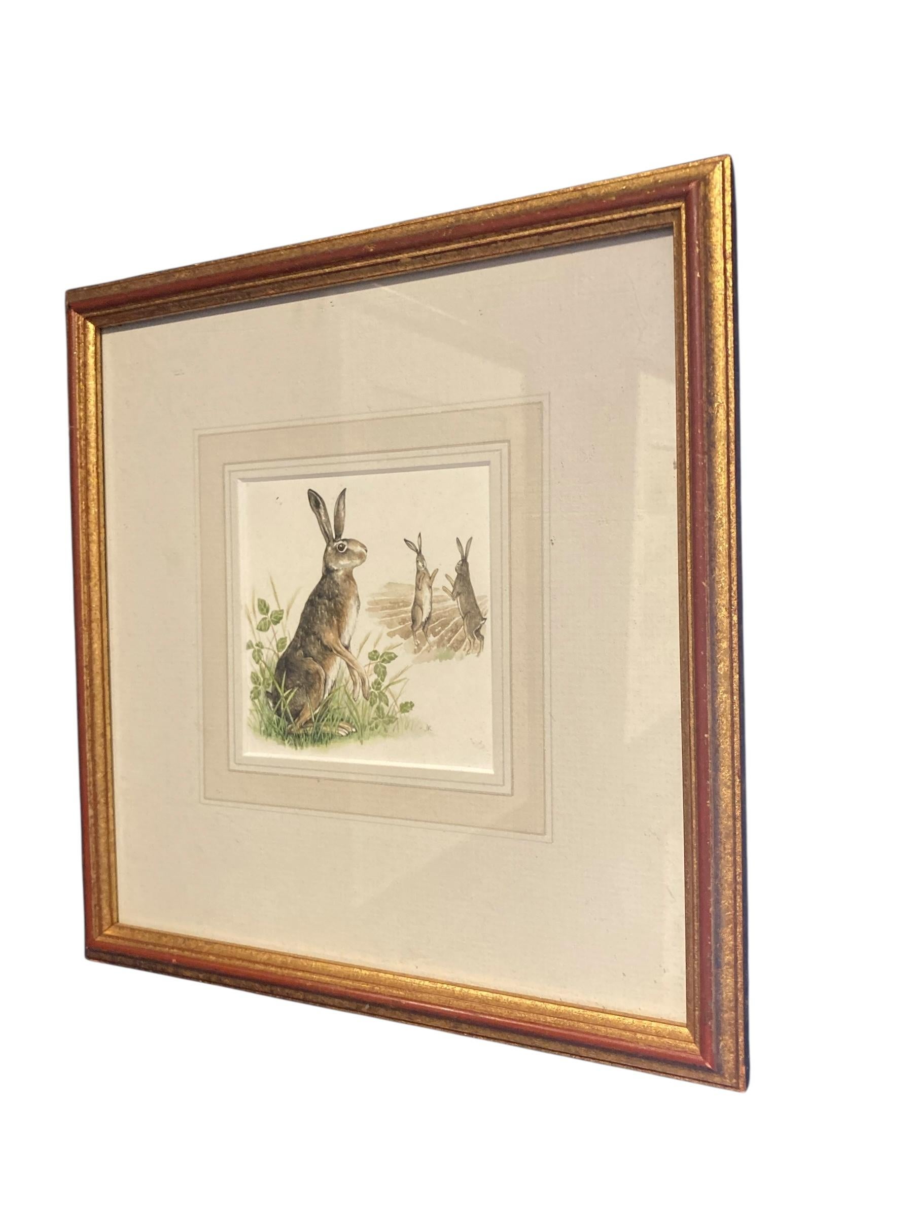 Kämpfende Hasen Aquarell auf Leinwand im Angebot 1