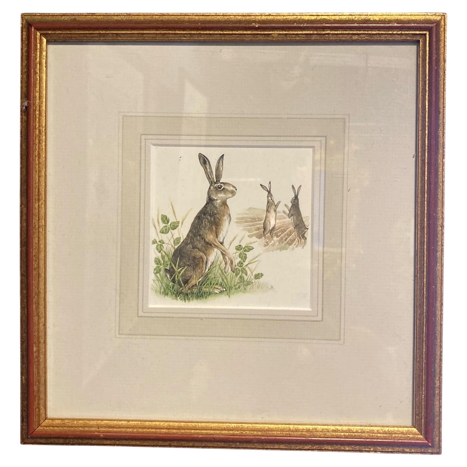Fighting Hares Watercolor on Canvas