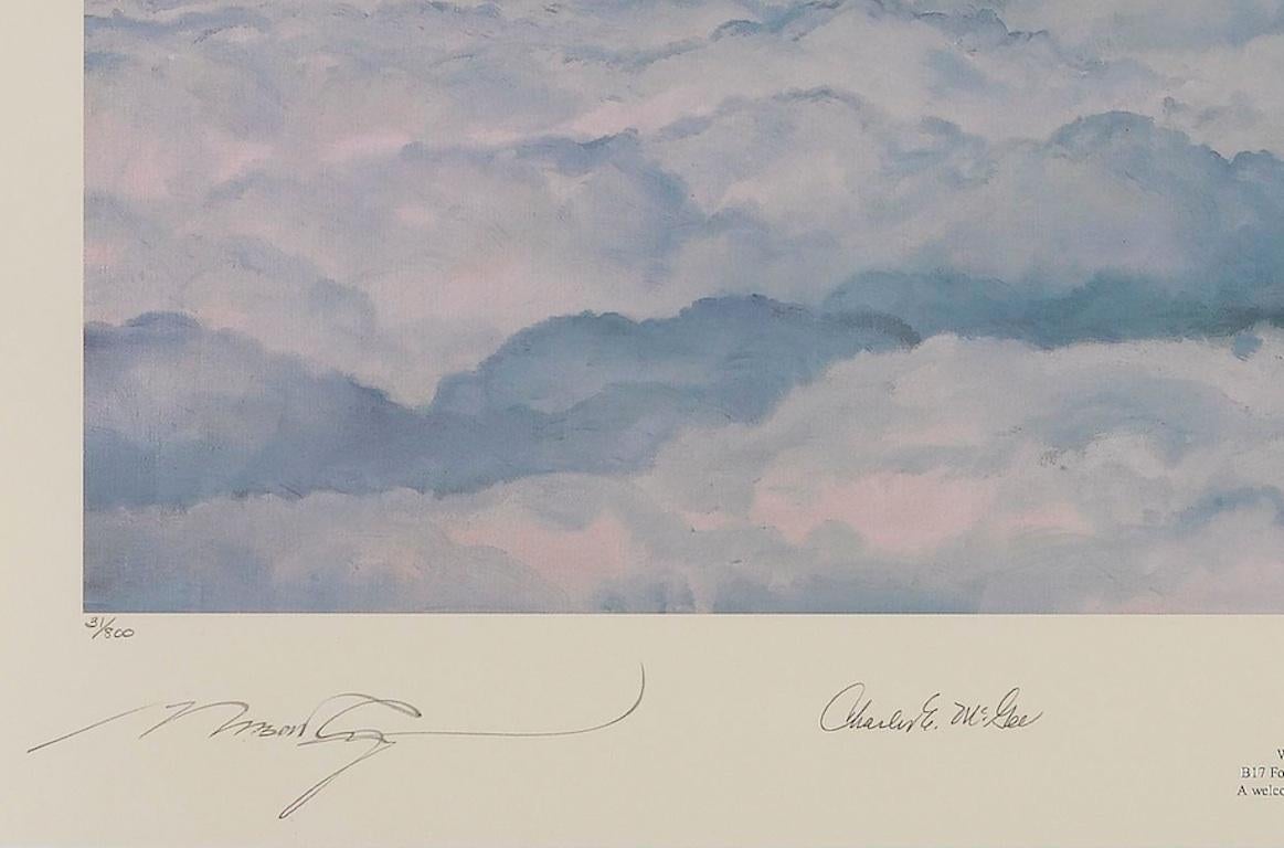 This elegant scene, originally painted by Robert Taylor, is signed in the bottom margin by five fighter pilots: Elbert Hudson, Charles McGee, Arthur Sherman, Lowell Steward, and Leon Walden. The offset color lithograph depicts a sky full of P51