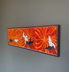 Fighting Roosters Framed Hand Painted Ceramic Tiles, 1970's