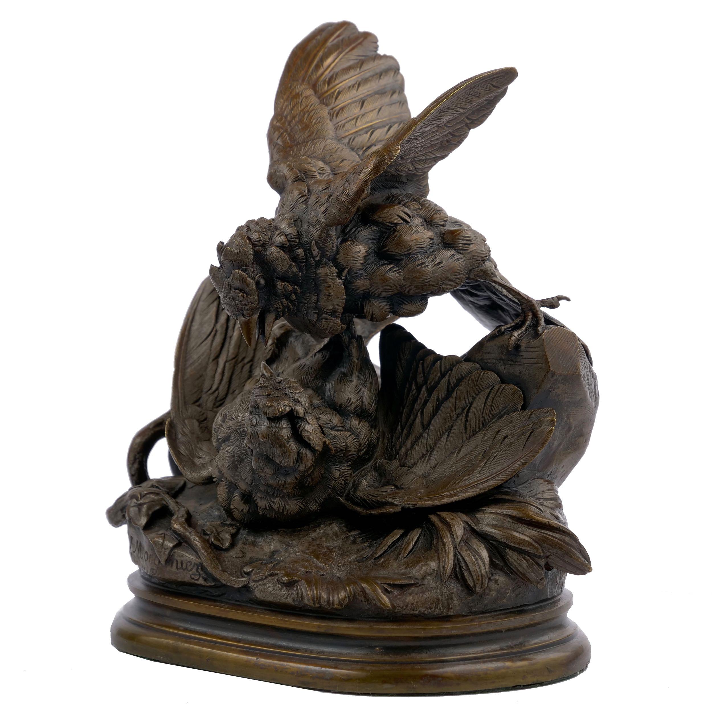 This exceedingly fine sculpture depicting a pair of fighting sparrows was originally conceived for exhibition at the Paris Salon of 1867, the present model cast during the fourth quarter of the 19th century. A work that showcases Moigniez's superior